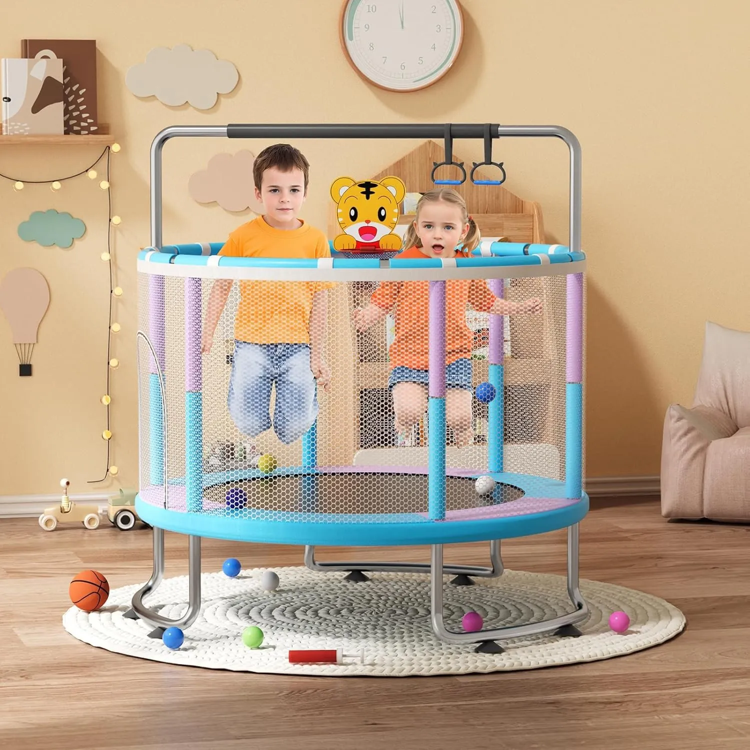 60" Trampoline for Kids 1-8 with Surround Safety Enclosure, Mini Trampoline (440Lbs Capacity) - with Basketball Hoop, Pull Ring, Swing, Sandbags for Boys Girls