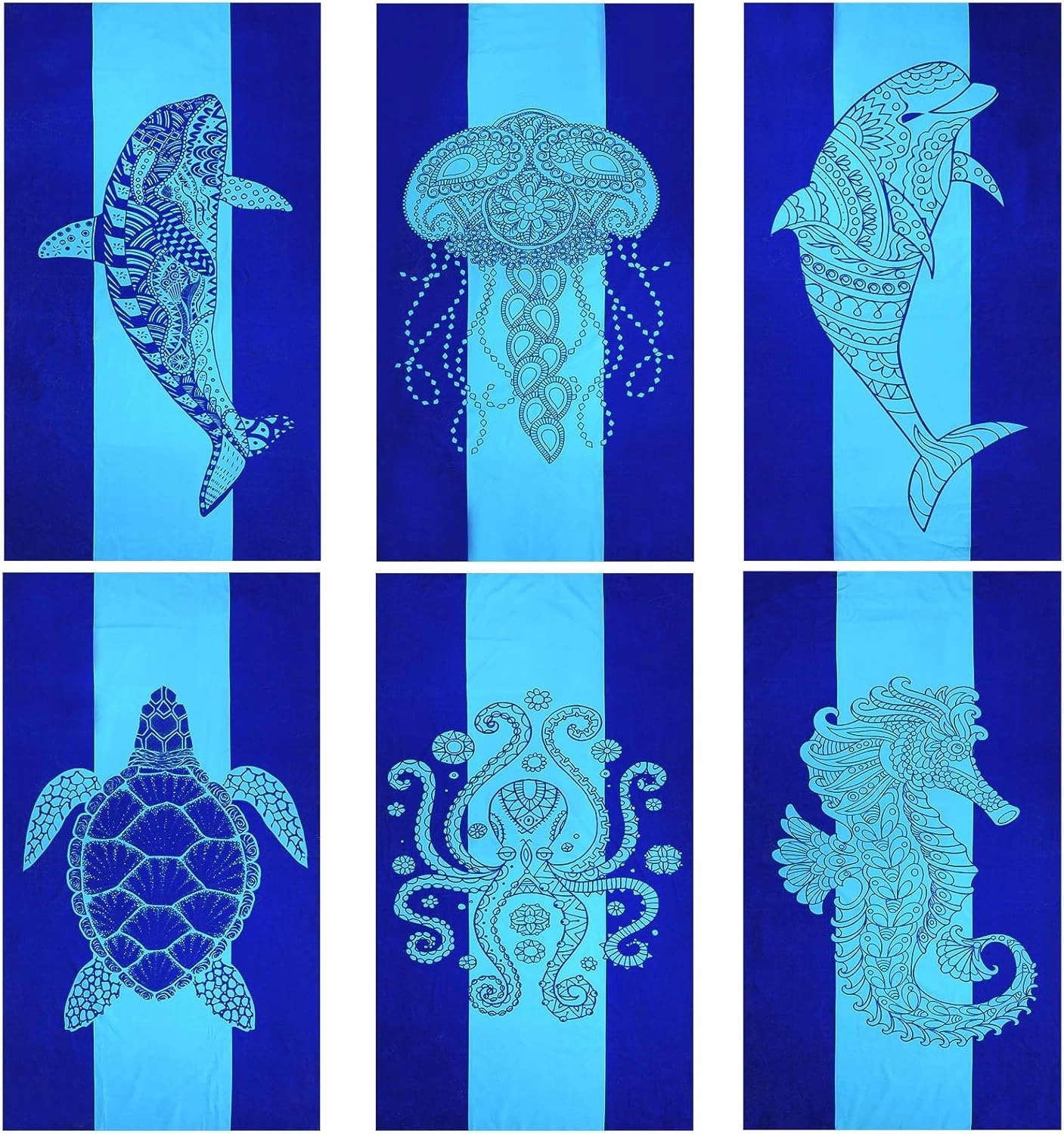 6 Pcs 72 x 36 Microfiber Oversized Beach Towels Large Absorbent Thin Compact Lightweight Sand Free Quick Dry Towels Pack for Travel Pool Yoga Gym Sports Beach Accessories(Marine Animals)