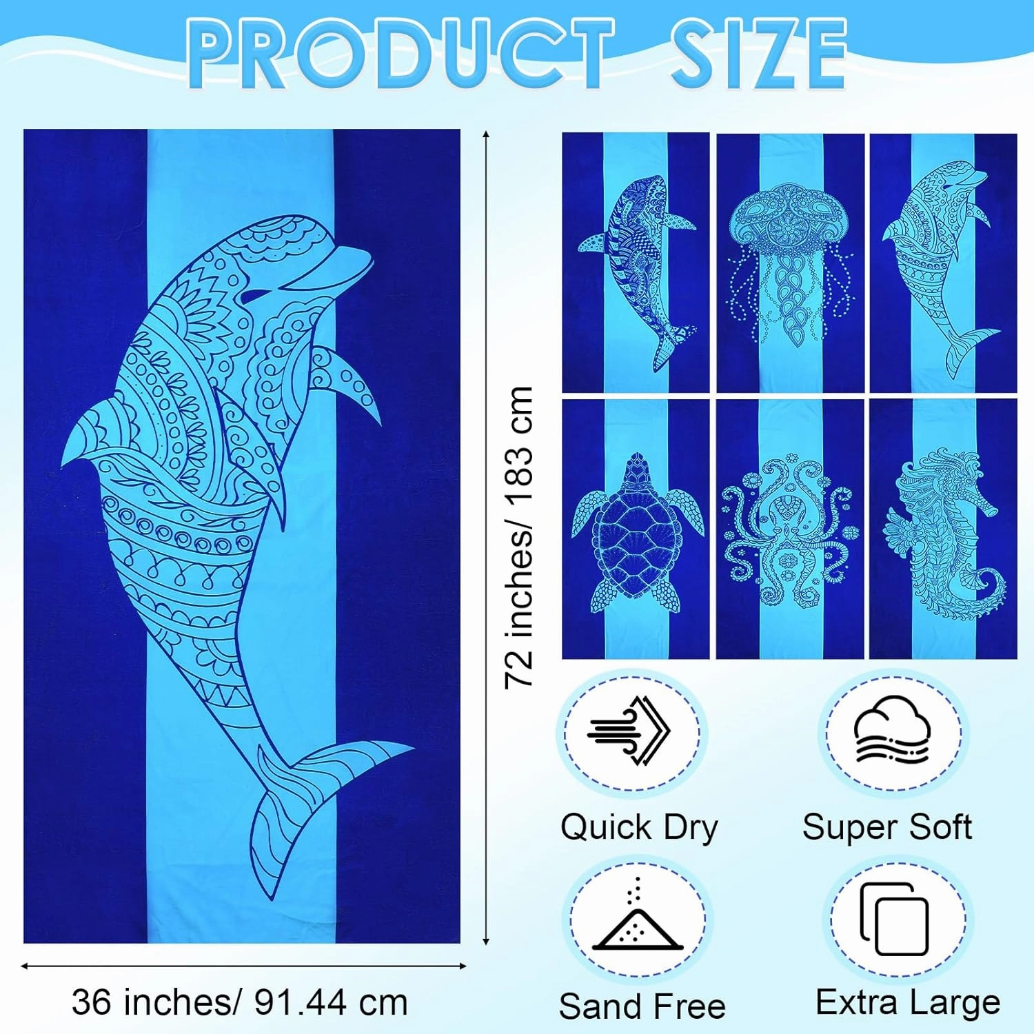 6 Pcs 72 x 36 Microfiber Oversized Beach Towels Large Absorbent Thin Compact Lightweight Sand Free Quick Dry Towels Pack for Travel Pool Yoga Gym Sports Beach Accessories(Marine Animals)