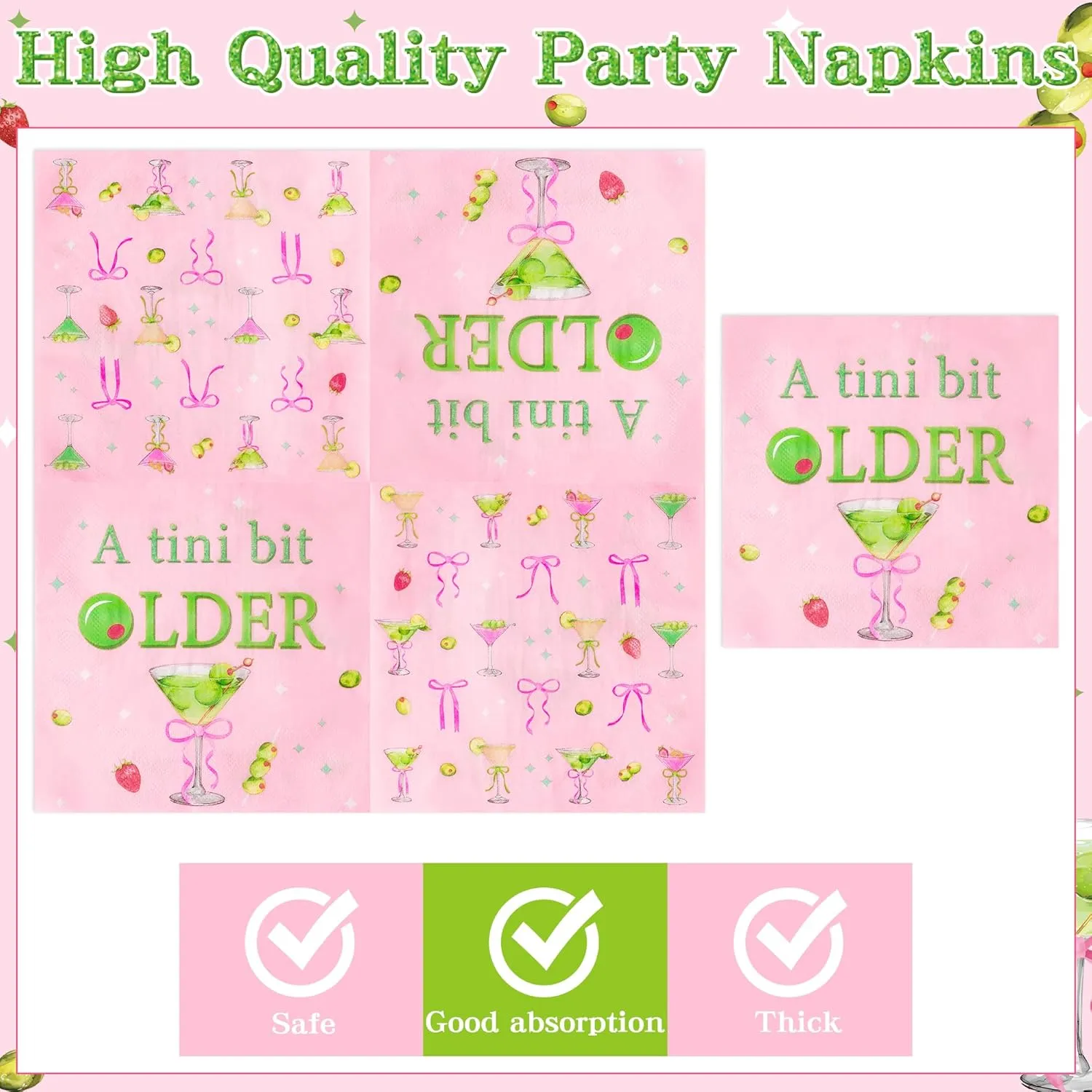 96Pcs Pink Olive Martini Bow Party Plates Supplies - A Tini Bit Older Party Tableware Decoration Espresso Martini Cocktail Disposable Paper Plate Napkin Fork for Bar Birthday, Serves 24