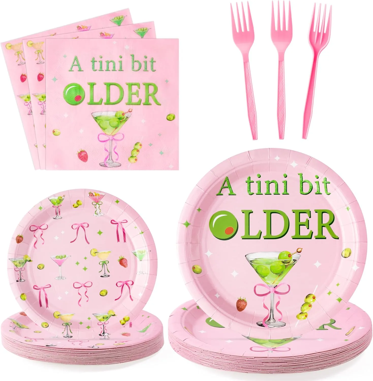 96Pcs Pink Olive Martini Bow Party Plates Supplies - A Tini Bit Older Party Tableware Decoration Espresso Martini Cocktail Disposable Paper Plate Napkin Fork for Bar Birthday, Serves 24