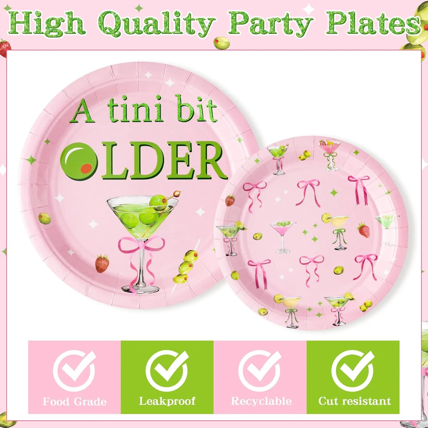 96Pcs Pink Olive Martini Bow Party Plates Supplies - A Tini Bit Older Party Tableware Decoration Espresso Martini Cocktail Disposable Paper Plate Napkin Fork for Bar Birthday, Serves 24