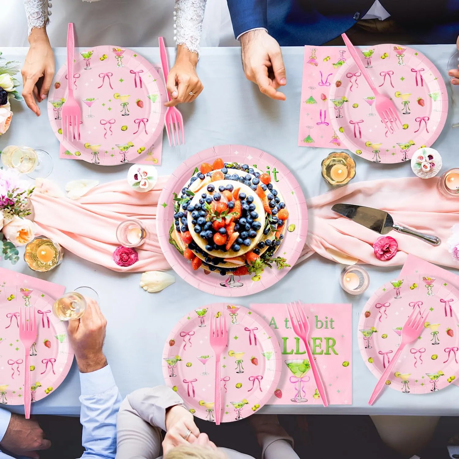 96Pcs Pink Olive Martini Bow Party Plates Supplies - A Tini Bit Older Party Tableware Decoration Espresso Martini Cocktail Disposable Paper Plate Napkin Fork for Bar Birthday, Serves 24