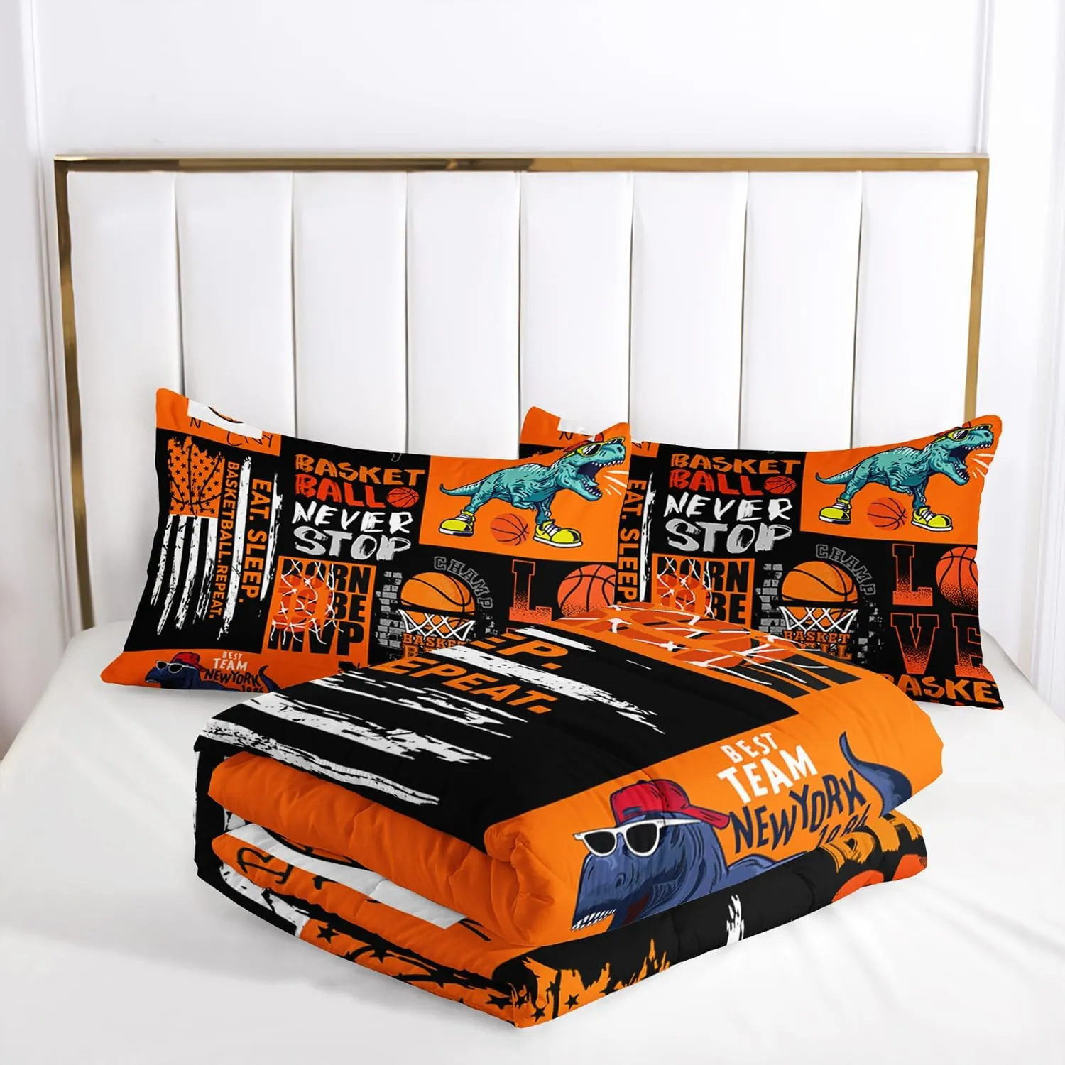AILONEN Dinosaur Comforter Set Twin Size,Basketball Sports Bedding Set,Basketball Star Dinosaur Pattern Comforter Sets,Slam Dunk Bed in A Bag 3 Pieces, 1 Quilt and 2 Pillowcases