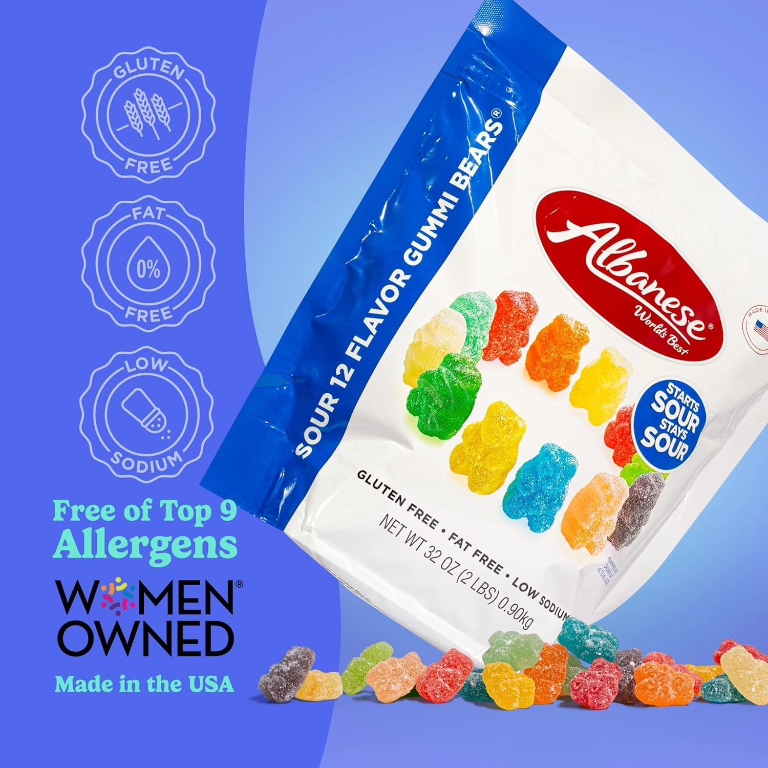 Albanese World's Best Sour 12 Flavor Gummi Bears, 32oz Bag of Candy
