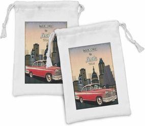 Ambesonne Austin Fabric Pouch Set of 2, Retro Grungy Classical Red American Car and City Landmarks Welcome to Texas Greeting, Small Drawstring Bag for Toiletries Masks and Favors, 9" x 6", Multicolor