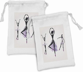 Ambesonne Ballet Fabric Pouch Set of 2, Ballerina Silhouettes Practising Classic Dance Performing Theatrical Art, Small Drawstring Bag for Toiletries Masks and Favors, 9" x 6", Off White Black Mauve