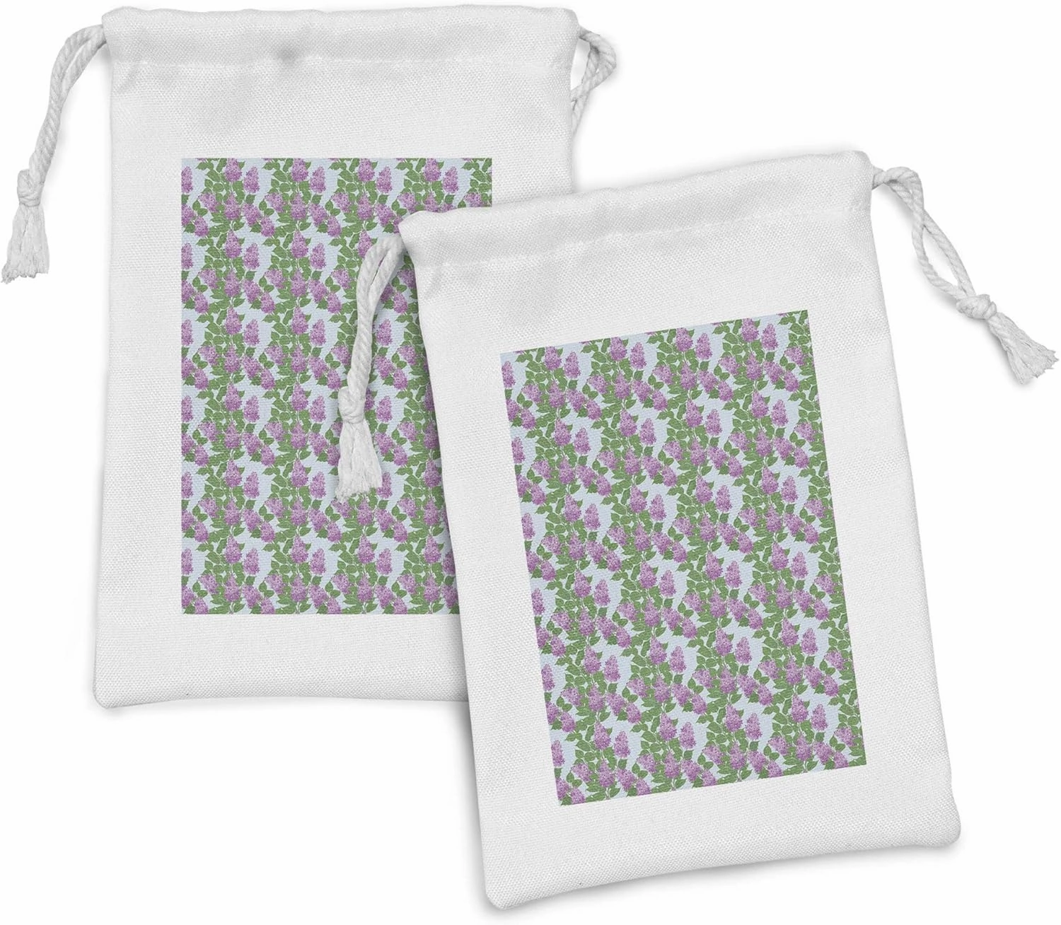 Ambesonne Lilac Fabric Pouch Set of 2, Bouquets of Flowering Twigs Summer Foliage Natural Beauty Freshness, Small Drawstring Bag for Toiletries Masks and Favors, 9" x 6", Pale Blue Lilac