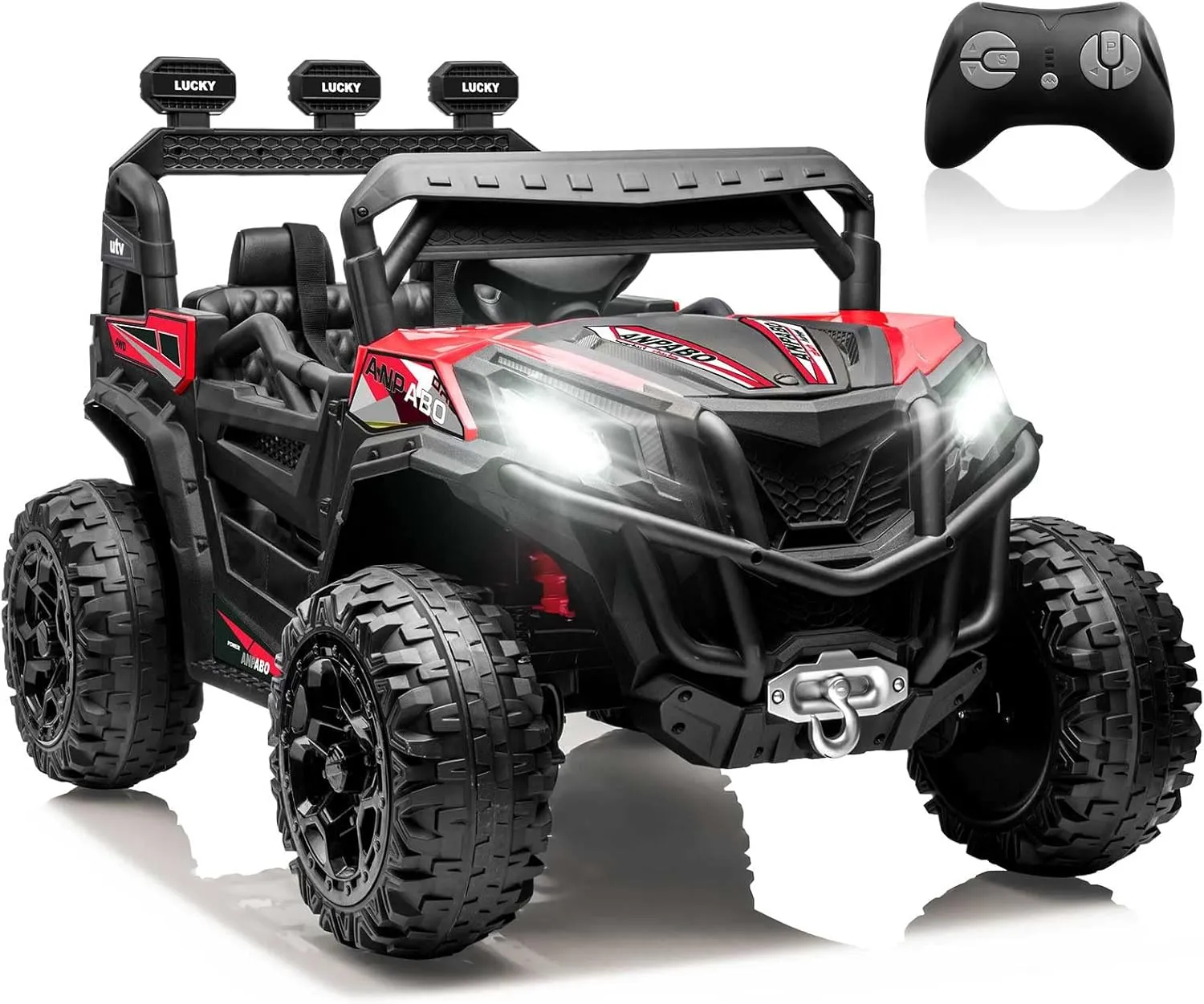 ANPABO 24V 4X4 Ride on Car Truck w/Remote Control, 4WD/2WD Switchable Kids UTV, 19" Spacious Seat, 4 Shock Absorbers, Soft Start, Music Player, Electric Car for Kids Ages 3 (Red)