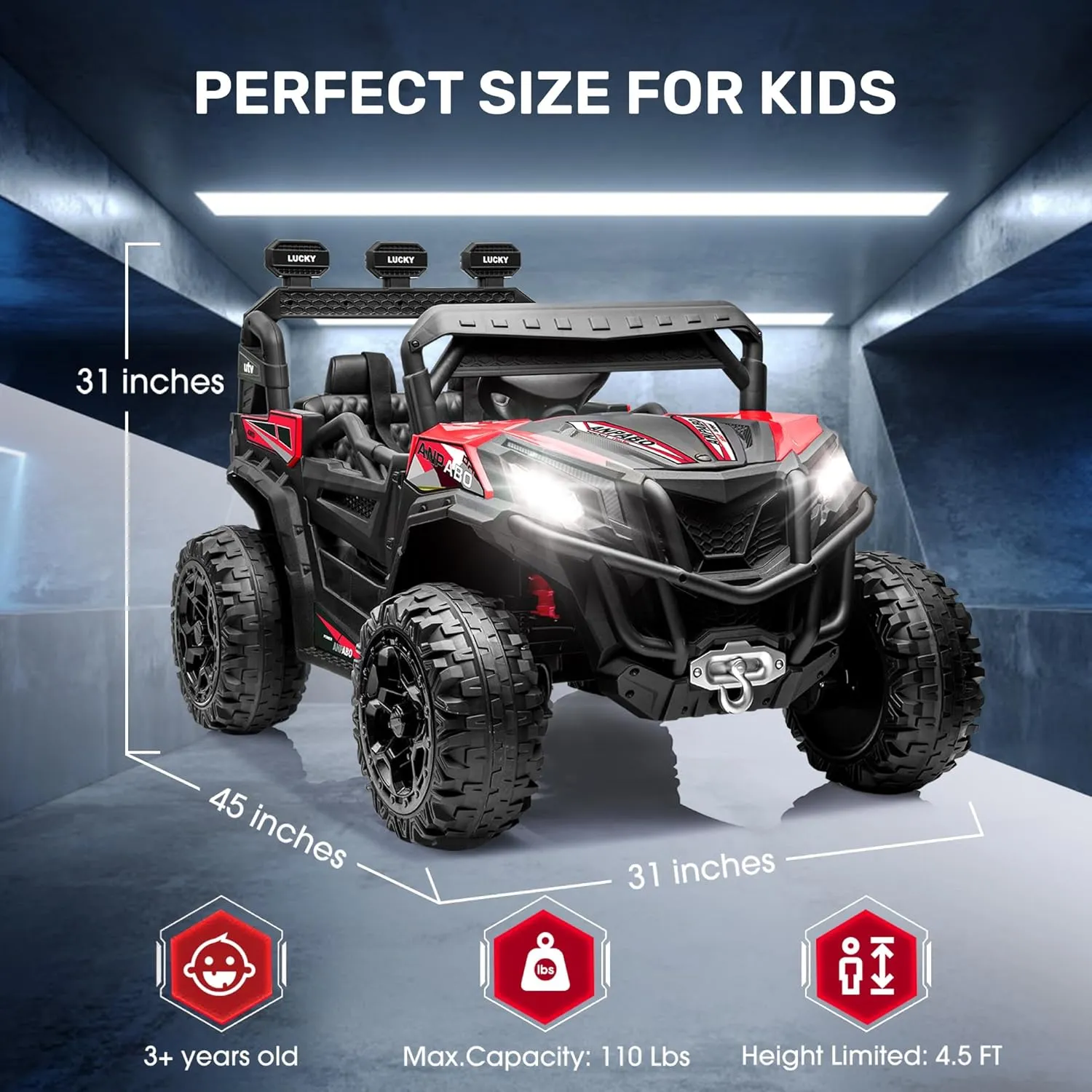 ANPABO 24V 4X4 Ride on Car Truck w/Remote Control, 4WD/2WD Switchable Kids UTV, 19" Spacious Seat, 4 Shock Absorbers, Soft Start, Music Player, Electric Car for Kids Ages 3 (Red)