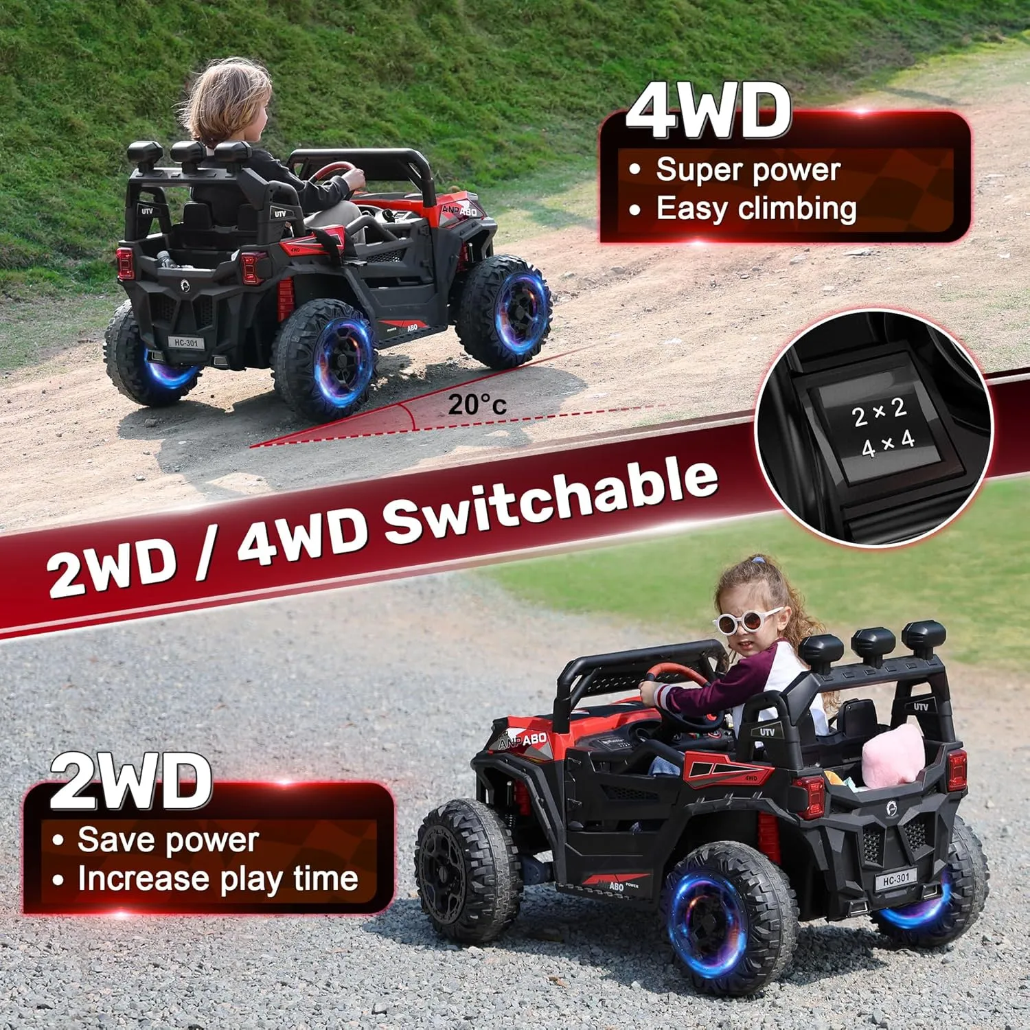 ANPABO 24V 4X4 Ride on Car Truck w/Remote Control, 4WD/2WD Switchable Kids UTV, 19" Spacious Seat, 4 Shock Absorbers, Soft Start, Music Player, Electric Car for Kids Ages 3 (Red)