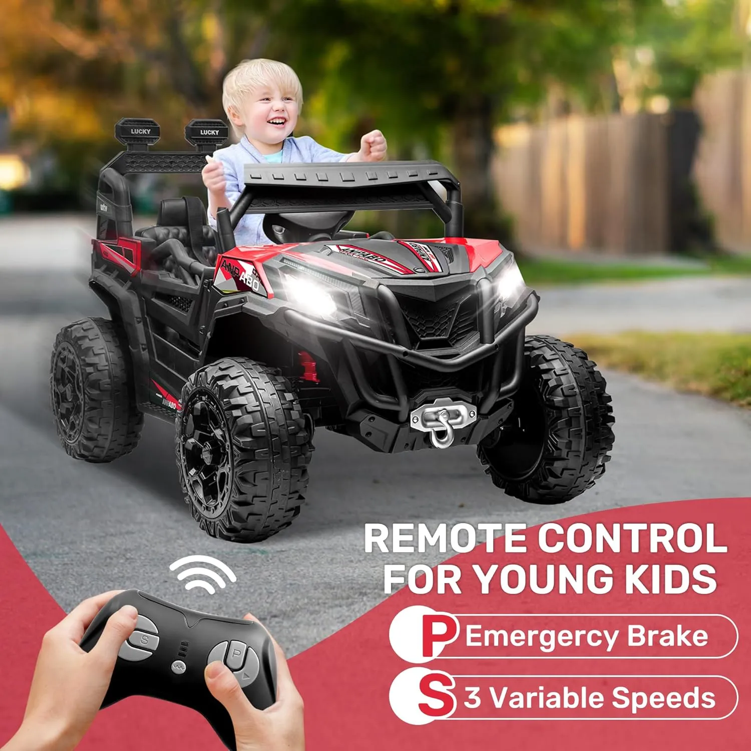 ANPABO 24V 4X4 Ride on Car Truck w/Remote Control, 4WD/2WD Switchable Kids UTV, 19" Spacious Seat, 4 Shock Absorbers, Soft Start, Music Player, Electric Car for Kids Ages 3 (Red)