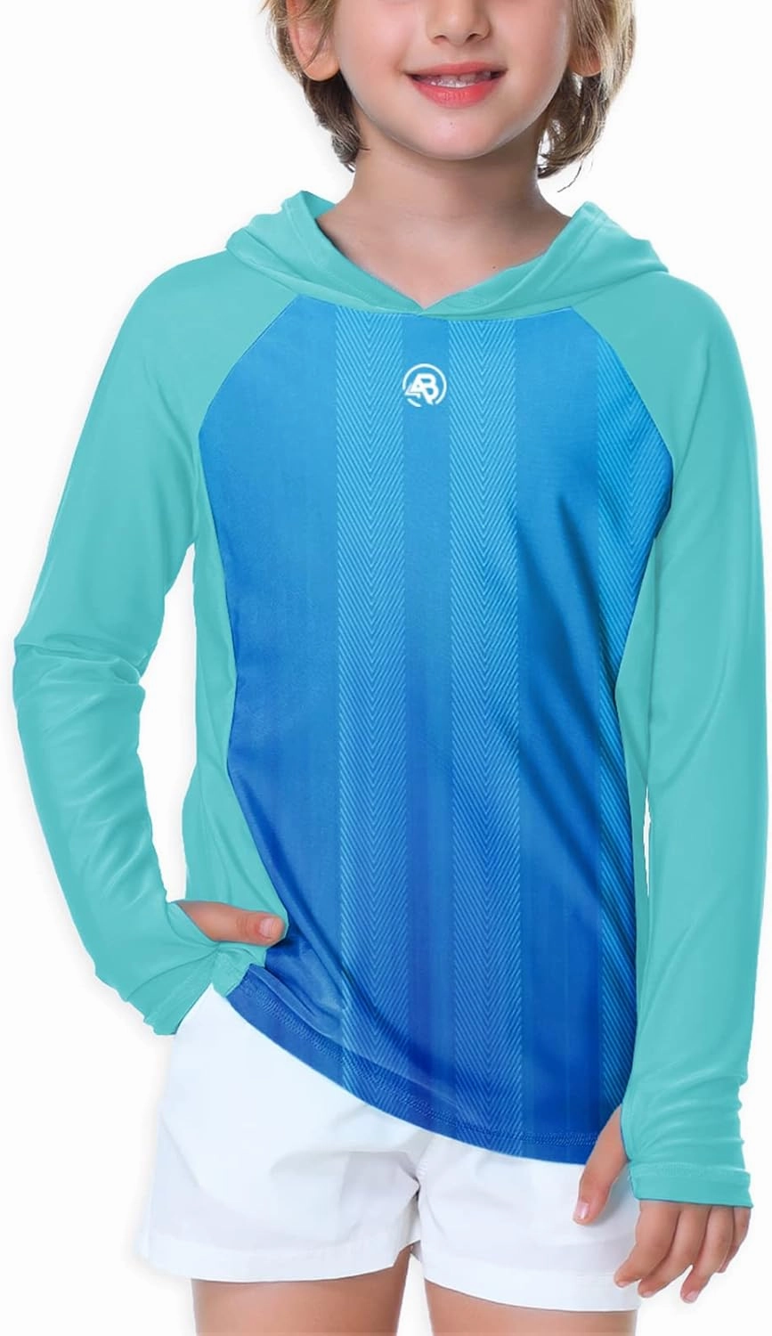 AOBUTE Unisex Kids Long Sleeve Hoodie Rash Guard Boys UPF 50  Swim Top with Thumb Hole 3-12 Years