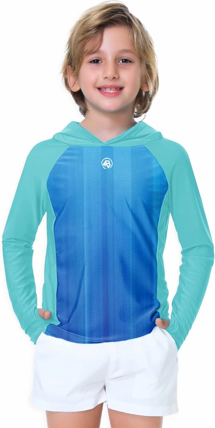 AOBUTE Unisex Kids Long Sleeve Hoodie Rash Guard Boys UPF 50  Swim Top with Thumb Hole 3-12 Years