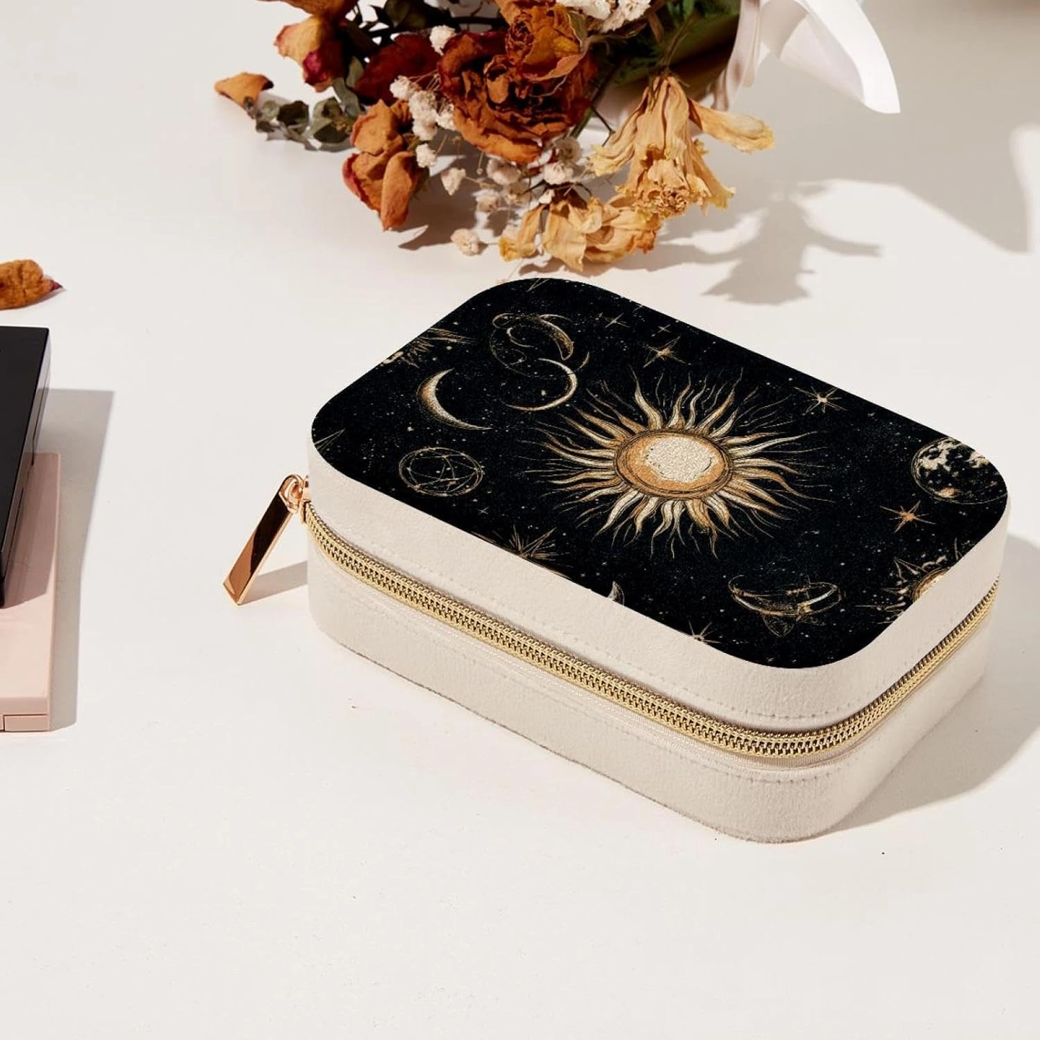 Art Cosmic Space with Sun Moon Star Planet and Constellations Travel Jewelry Box, Portable Travel Display Case Storage Holder Boxes for Stud Earrings, Rings, Necklaces, Bracelets