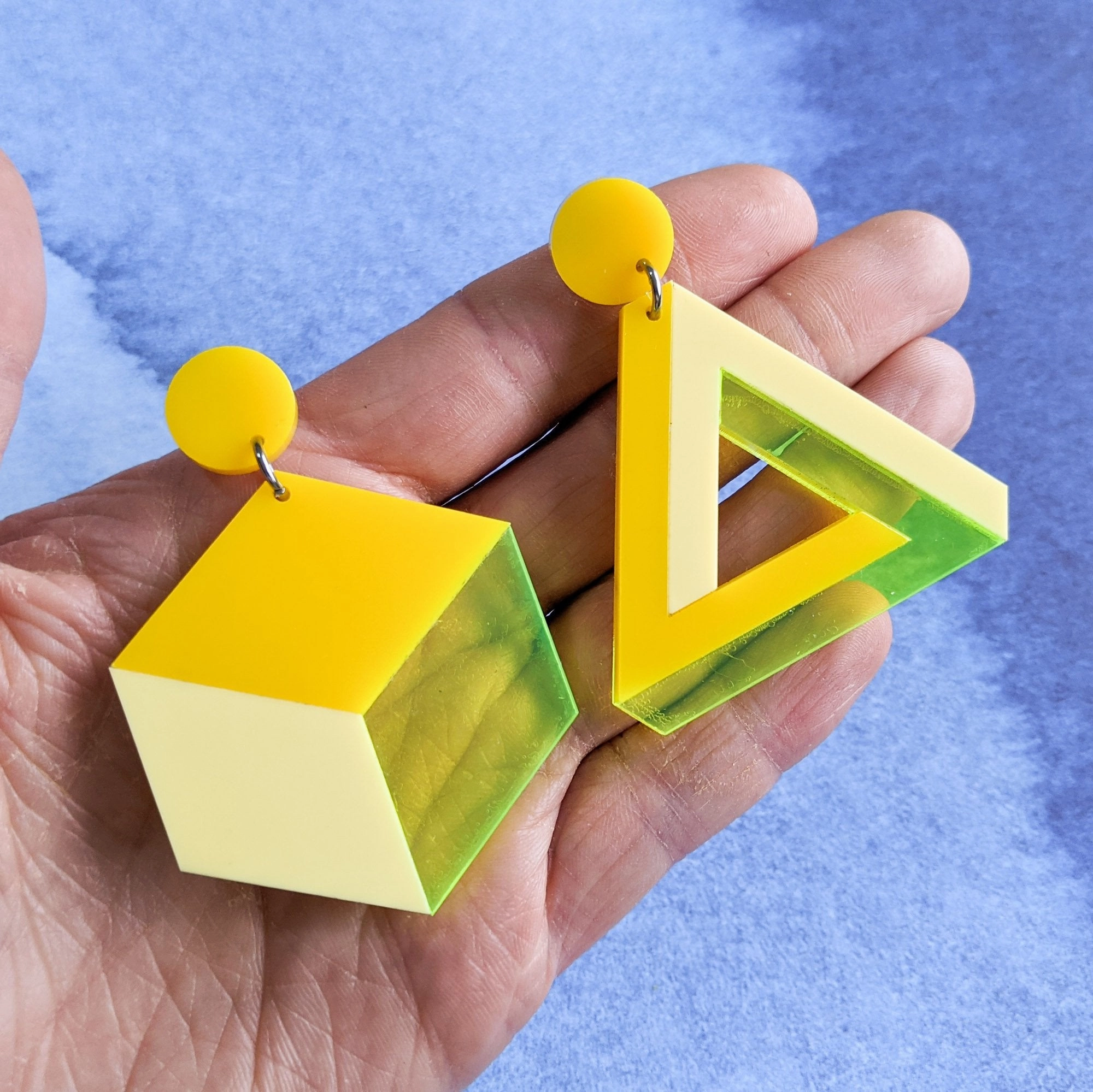 Asymmetrical Geometric Earrings in Black, Pink and Yellow