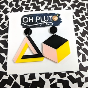 Asymmetrical Geometric Earrings in Black, Pink and Yellow