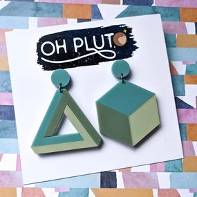 Asymmetrical Geometric Earrings in Green Tones