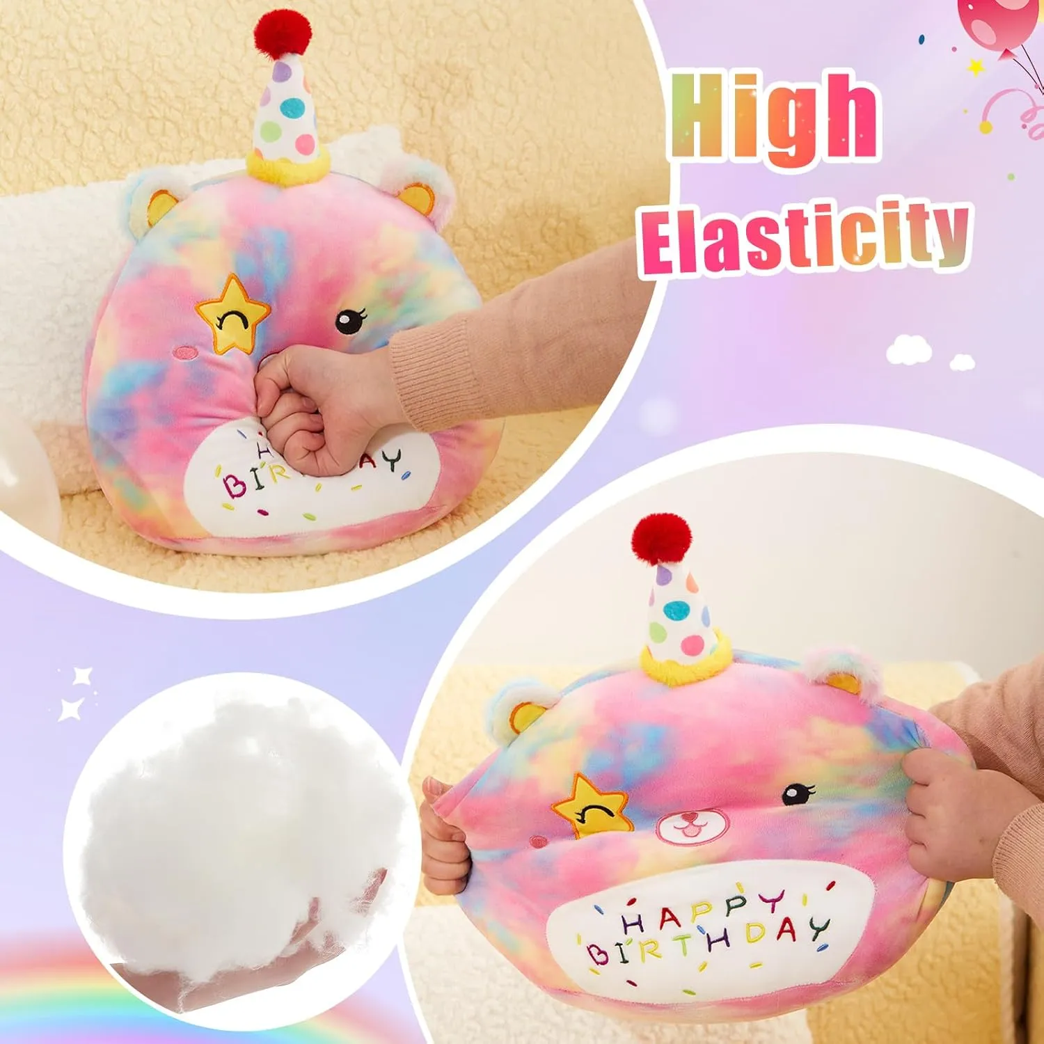 Athoinsu 14" Happy Birthday Bear Plush Pillow Cute Rainbow Stuffed Animal Soft Kawaii Birthday Plushie Star Wink Funny Pillows Home Room Decoration Gifts for Toddlers Kids Girls