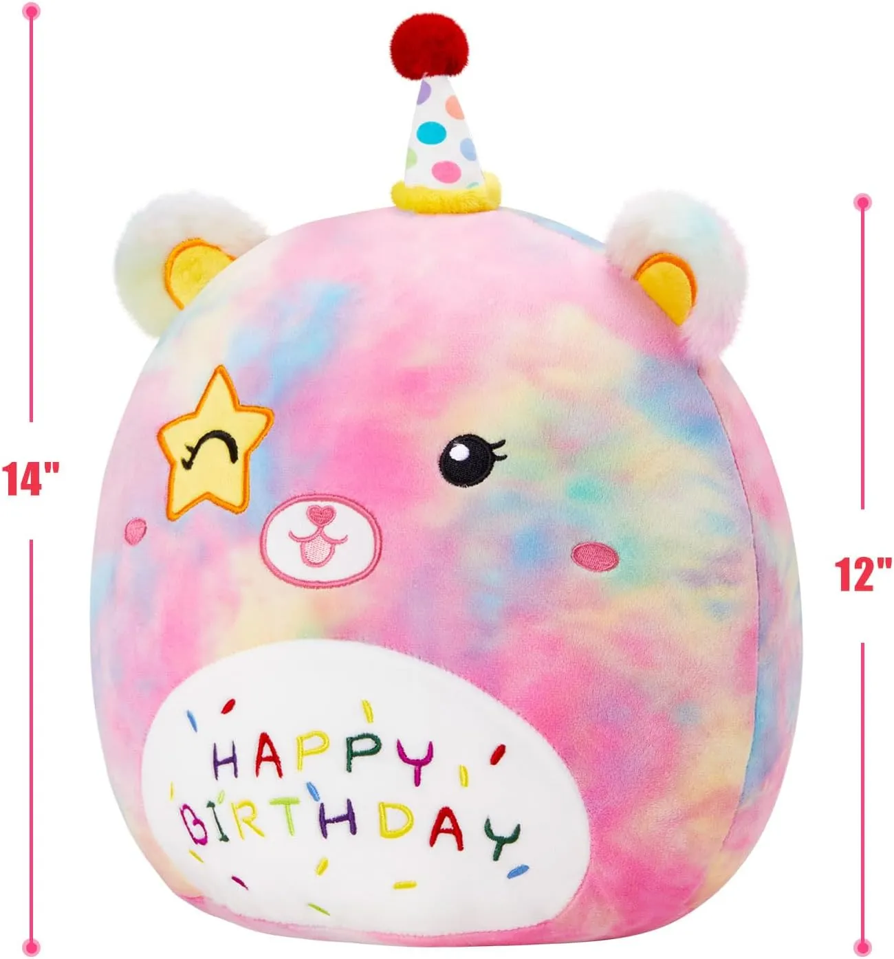 Athoinsu 14" Happy Birthday Bear Plush Pillow Cute Rainbow Stuffed Animal Soft Kawaii Birthday Plushie Star Wink Funny Pillows Home Room Decoration Gifts for Toddlers Kids Girls