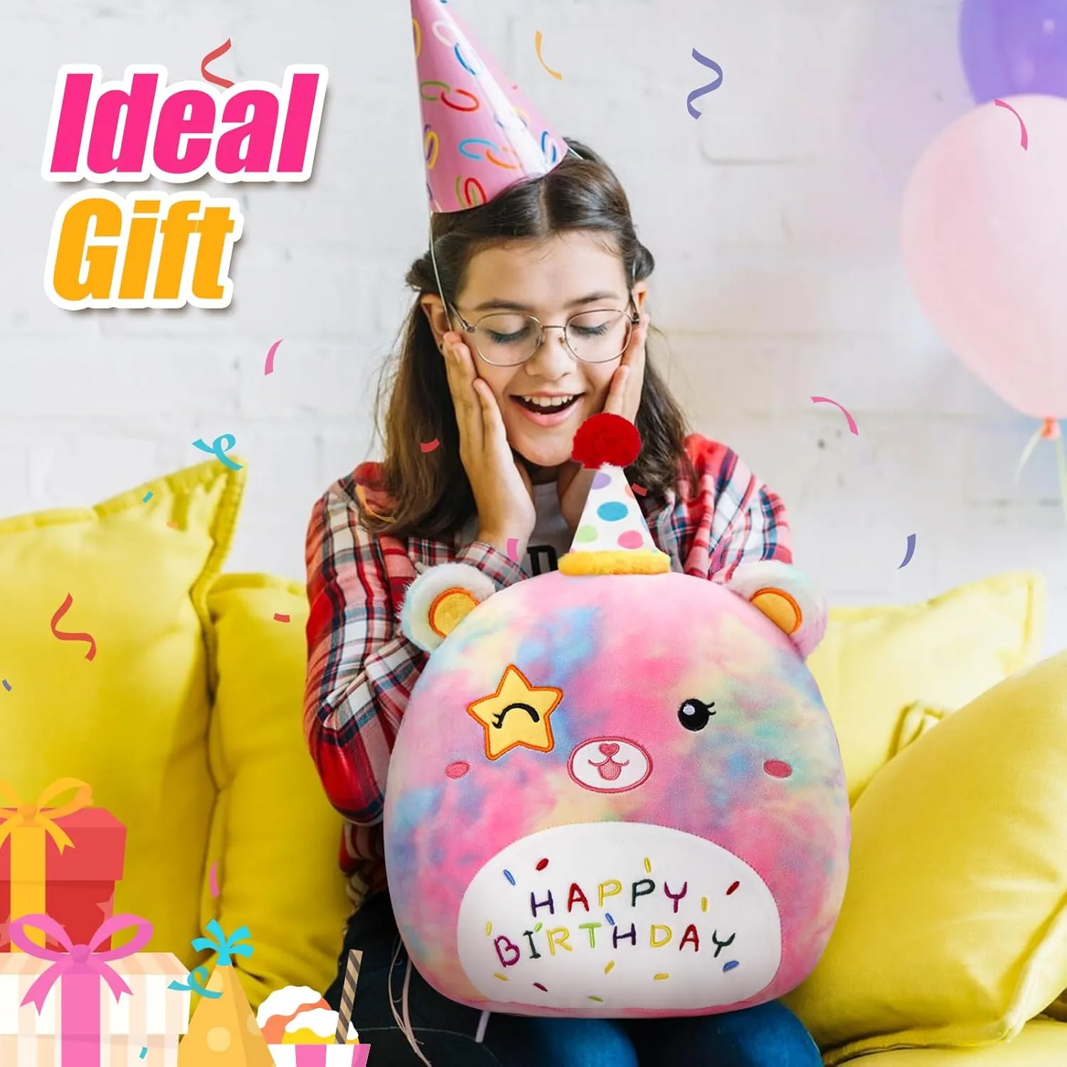 Athoinsu 14" Happy Birthday Bear Plush Pillow Cute Rainbow Stuffed Animal Soft Kawaii Birthday Plushie Star Wink Funny Pillows Home Room Decoration Gifts for Toddlers Kids Girls