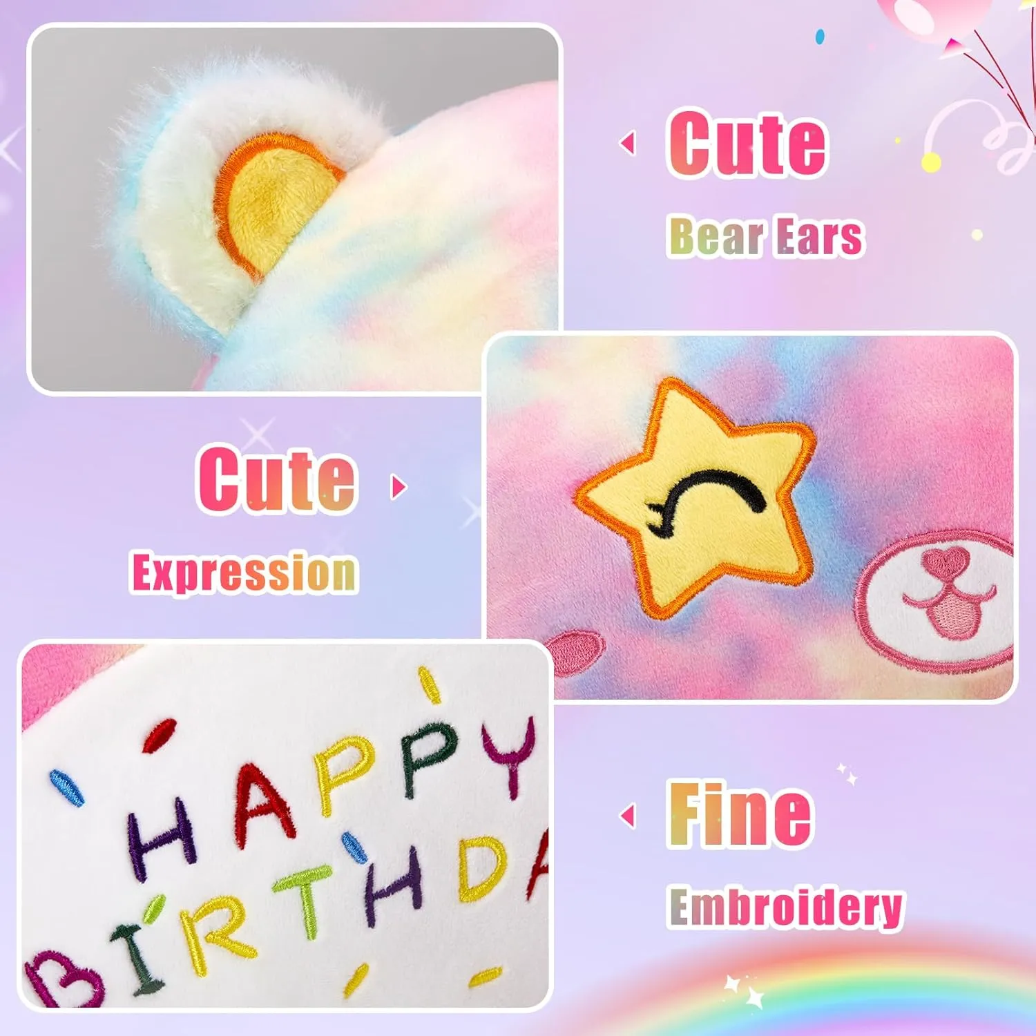 Athoinsu 14" Happy Birthday Bear Plush Pillow Cute Rainbow Stuffed Animal Soft Kawaii Birthday Plushie Star Wink Funny Pillows Home Room Decoration Gifts for Toddlers Kids Girls