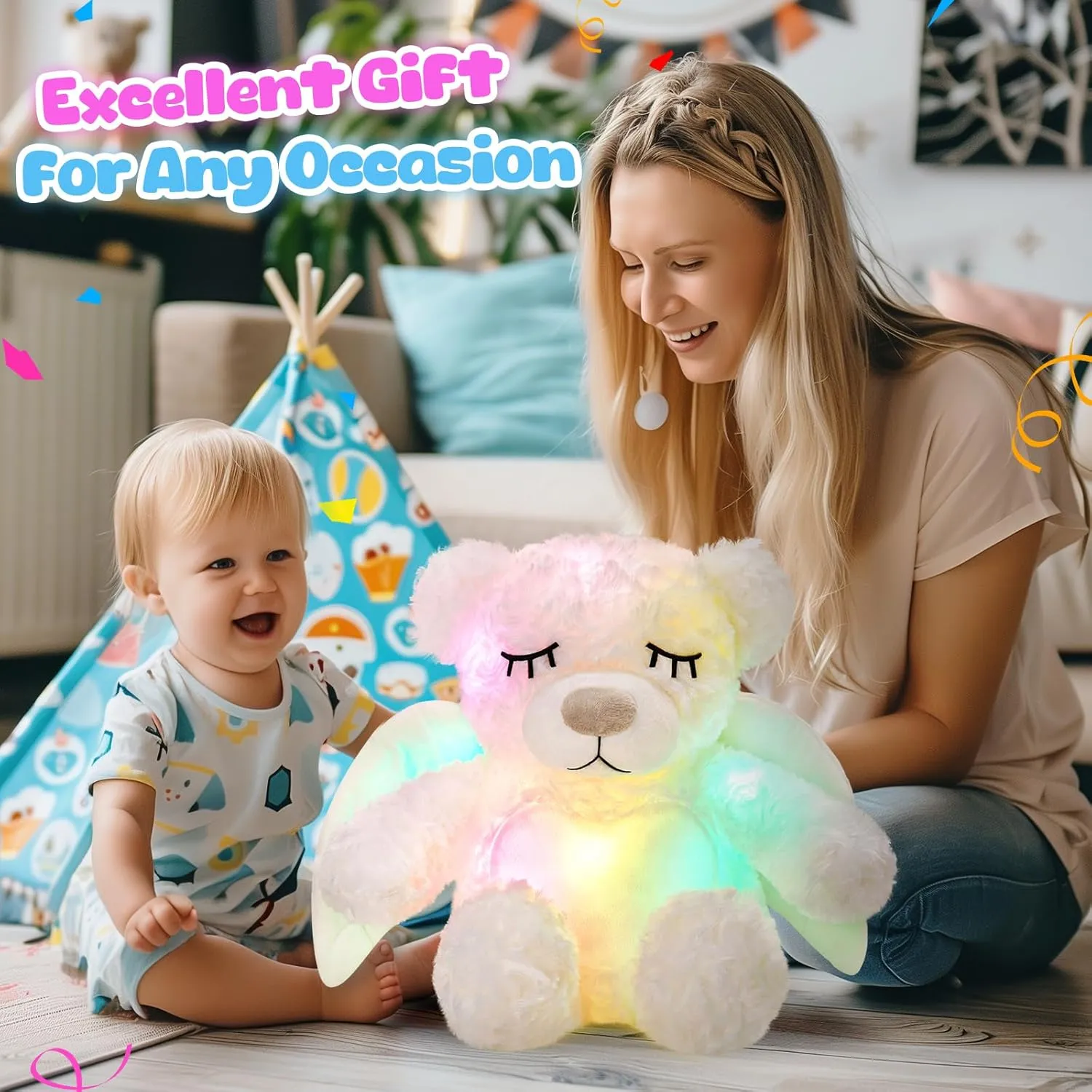 Athoinsu Light up Angel Teddy Bear Stuffed Animal LED Night Light Glowing Plush Toy Mother's Day Birthday for Toddler Kids, 16'', White