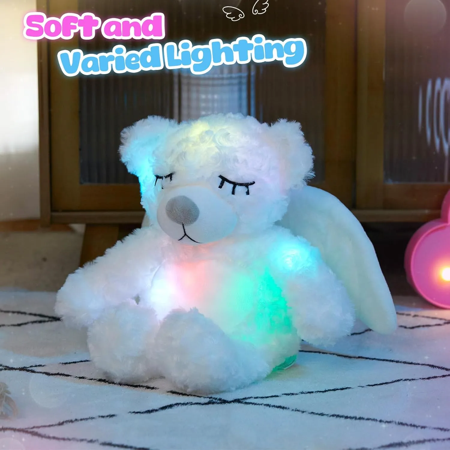 Athoinsu Light up Angel Teddy Bear Stuffed Animal LED Night Light Glowing Plush Toy Mother's Day Birthday for Toddler Kids, 16'', White