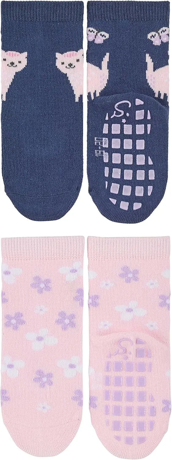 Babies - Girls Abs Socks Double Pack Cat   Flowers ABS Socks