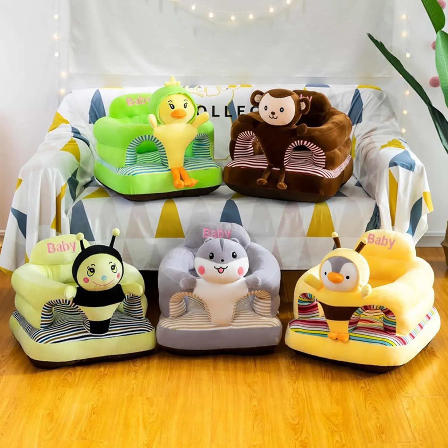 Baby Seat for 3-24 Month, Infant Back Support Floor Chair, Plush Cartoon Animals Baby Sofa, Toddler Floor Seater for Sitting Up, Portable Activity Seat for Babies (Bee)