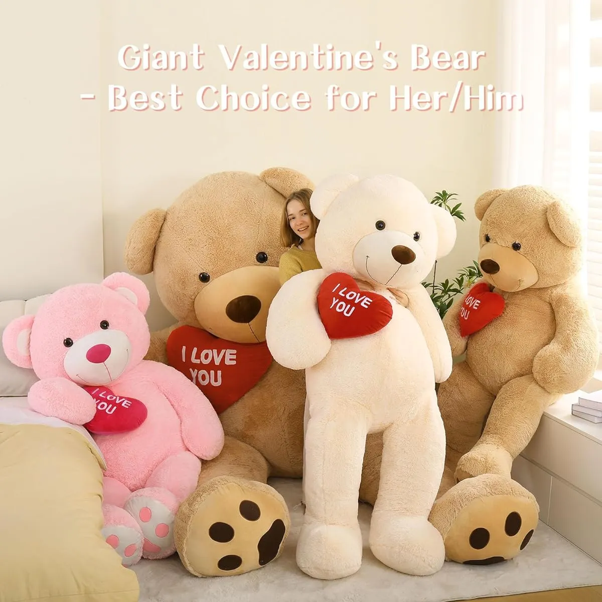 BENINY Red Heart Giant Teddy Bear Brown Big Teddy Bear Stuffed Animal I Love You for Girlfriend Big Valentine Fluffy Teddy Bear Birthday Gift 36"