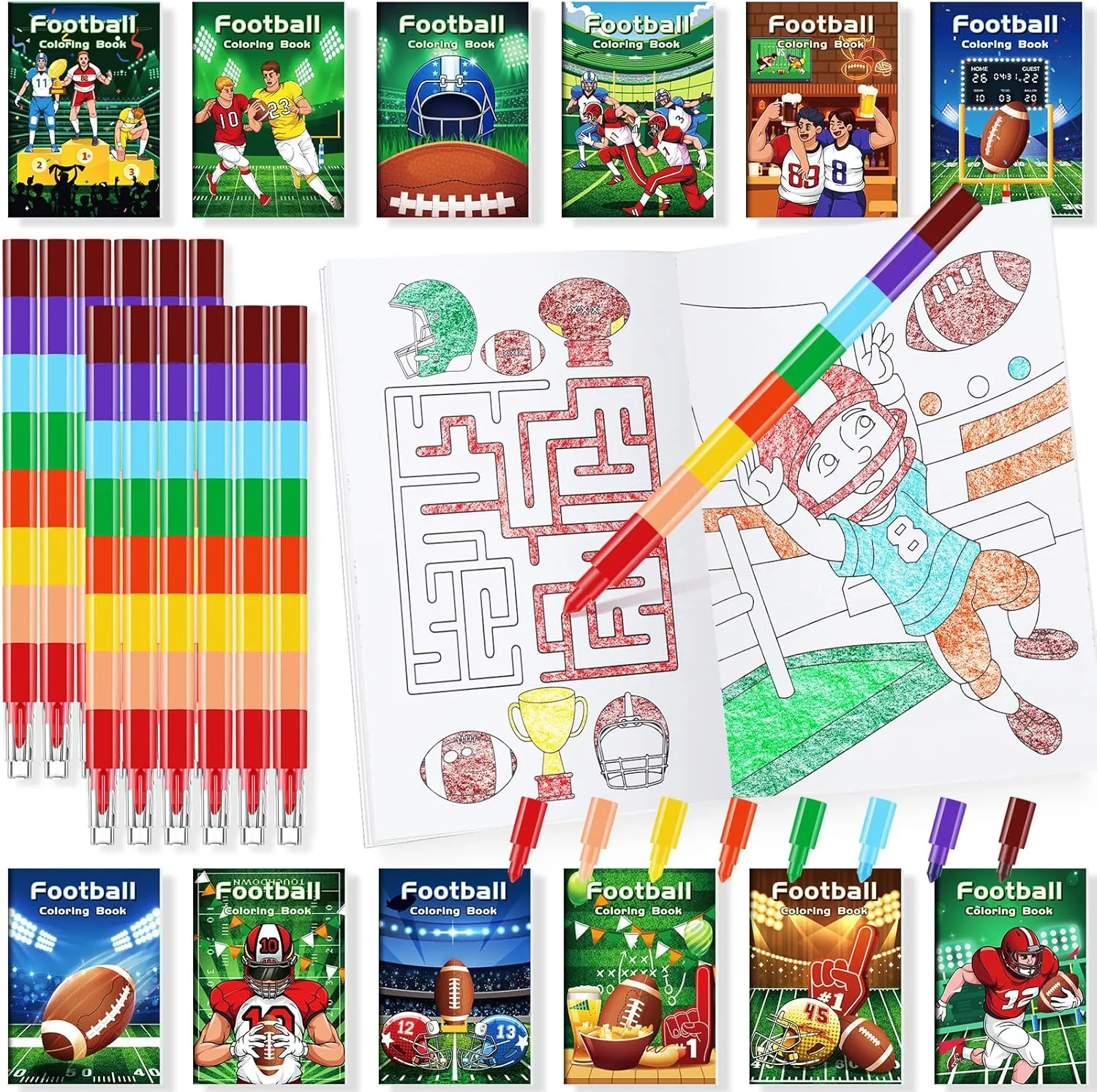 BenLouis 24 Football Mini Coloring Books Kids with 24 Stacking Crayons Football Party Favors Activity Books Bulk for Kids Boys Super Football Bowl Goodie Bag Gift Stuffer Classroom Reward