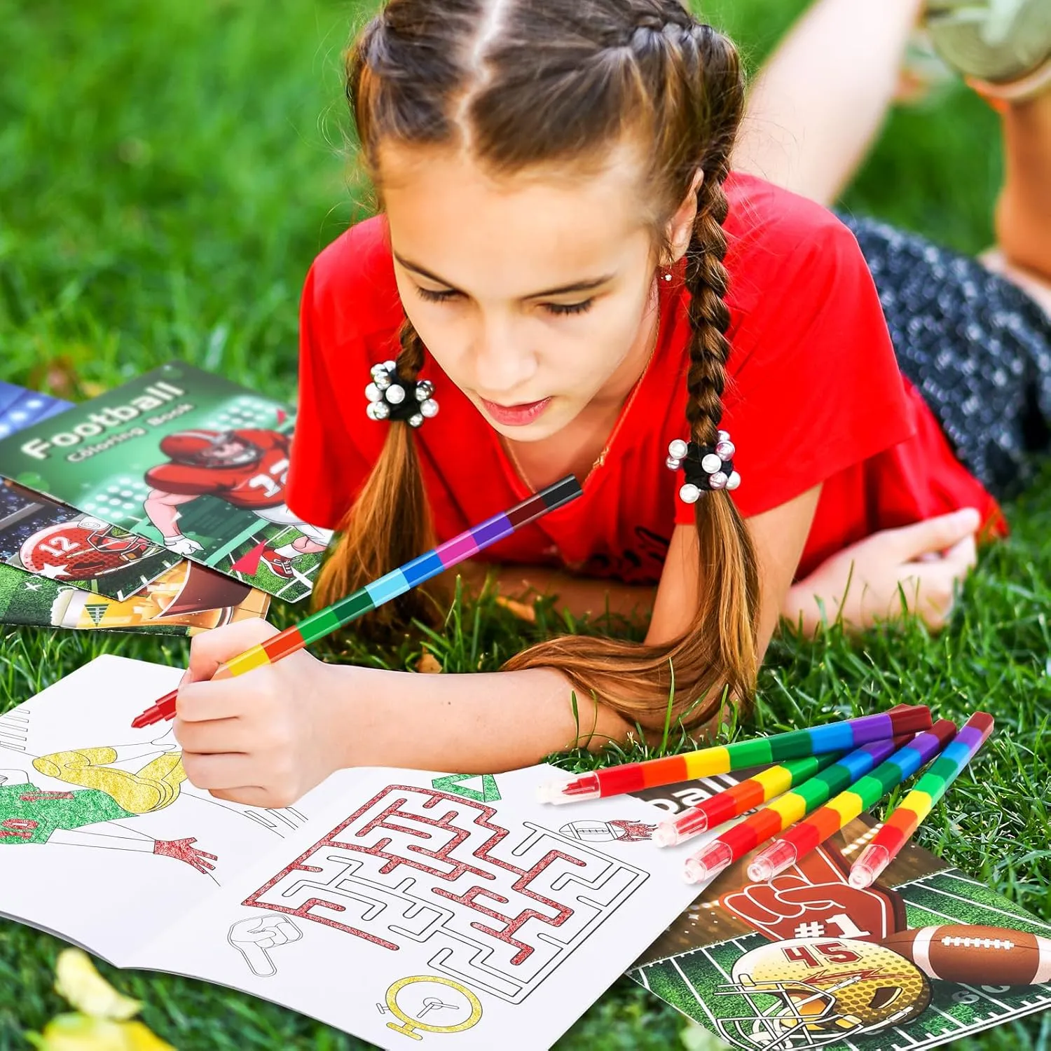 BenLouis 24 Football Mini Coloring Books Kids with 24 Stacking Crayons Football Party Favors Activity Books Bulk for Kids Boys Super Football Bowl Goodie Bag Gift Stuffer Classroom Reward