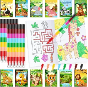 BenLouis 24 Jungle Safari Mini Coloring Books Kids with 24 Stacking Crayons Zoo Animals Party Favors Activity Books Bulk for Kids Wild One Lion Goodie Bag Gift Stuffer Classroom Reward