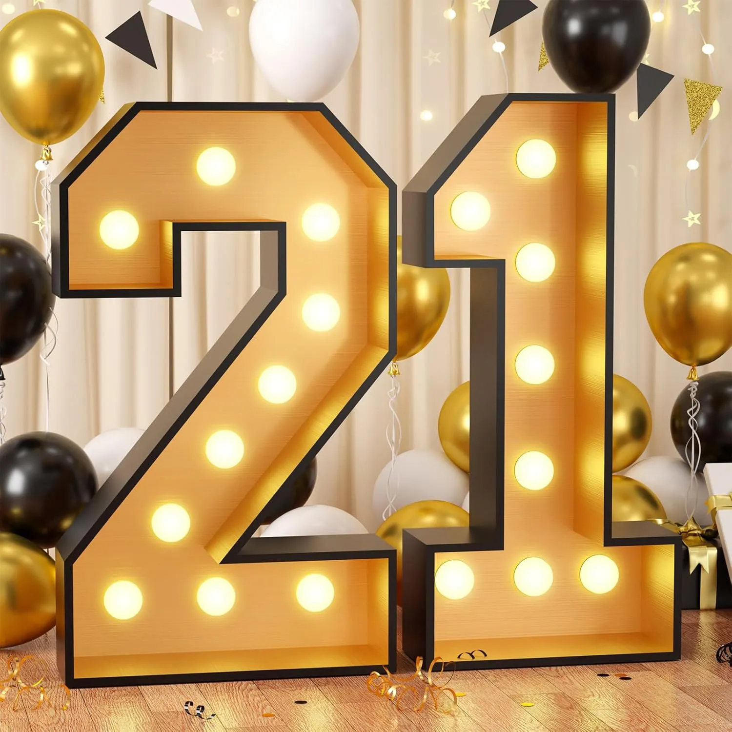 Biapian 4FT Light Up Numbers 21 - Black Gold Giant Marquee Mosaic Frame for 21th Birthday Decorations, Party, DIY Pre-Cut Foam Board Kit