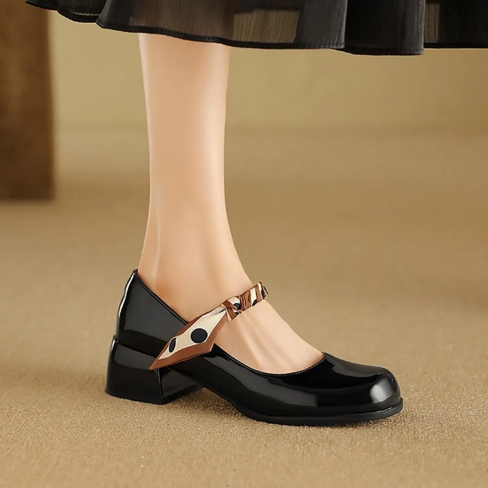 Big Size Women's Patent Leather Lolita Shoes Polka Dot Ribbon Mary Jane Platform Chunky Heeled Pumps Comfort Square Toe Dressy Shoes for Wedding Work Office