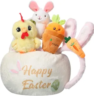 Blosssound Stuffed Easter Basket Filled with Plush Bunny Chick Carrot Rabbit Ears Headband for Kids Toddler Boys Girls Premade Easter Basket Gift Party Favor Supplies