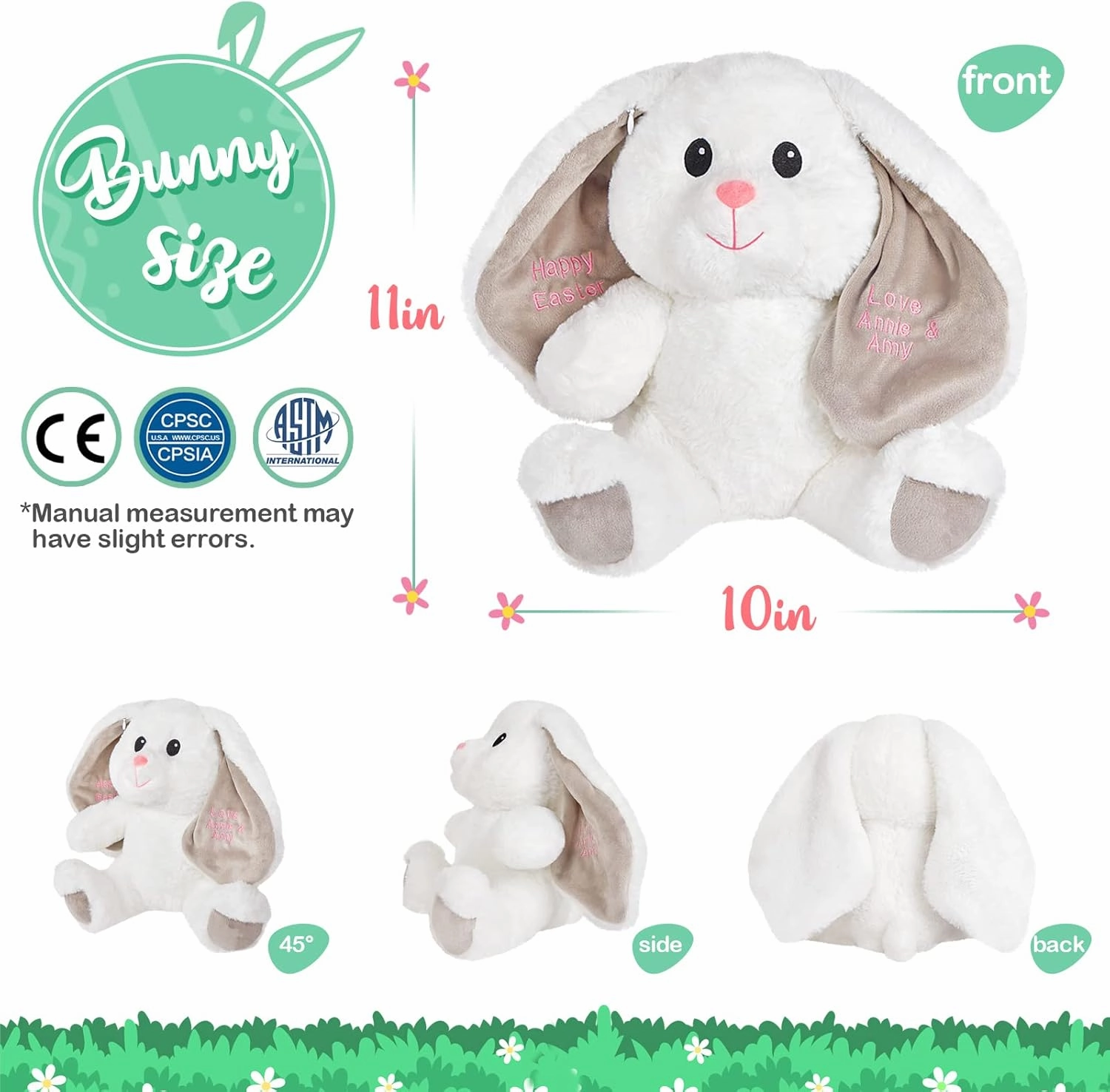 BSTAOFY Custom Easter Bunny Soft Plush Toy 11'' Personalized Stuffed Animals Rabbit Doll Embroidered Name on Big Ears Spring Holiay Gifts for Toddler Kids Girls
