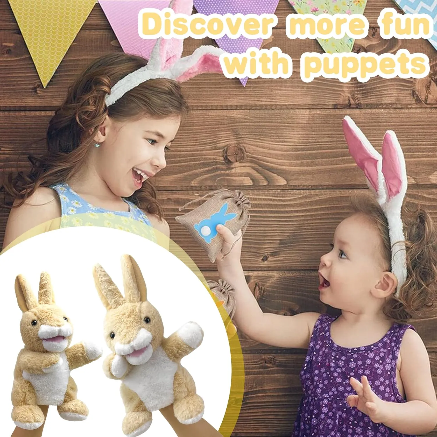 Bunny Hand Puppets Bunny Plush Puppets,9" Realistic Bunny Stuffed Animal Puppets for Kids Bunny Puppet for Adults with Movable Mouth, Bunny Toys Easter Bunny Hand Puppets for Toddlers
