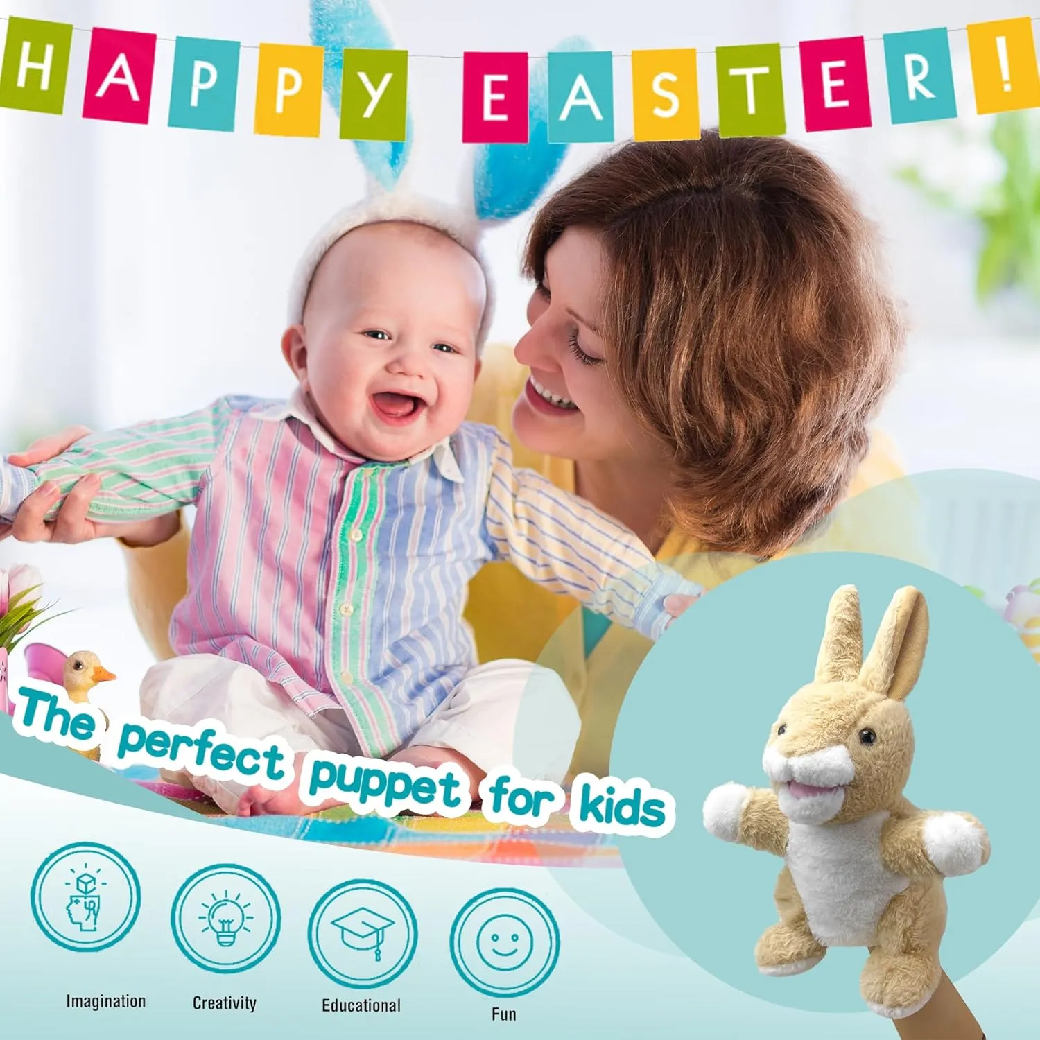Bunny Hand Puppets Bunny Plush Puppets,9" Realistic Bunny Stuffed Animal Puppets for Kids Bunny Puppet for Adults with Movable Mouth, Bunny Toys Easter Bunny Hand Puppets for Toddlers