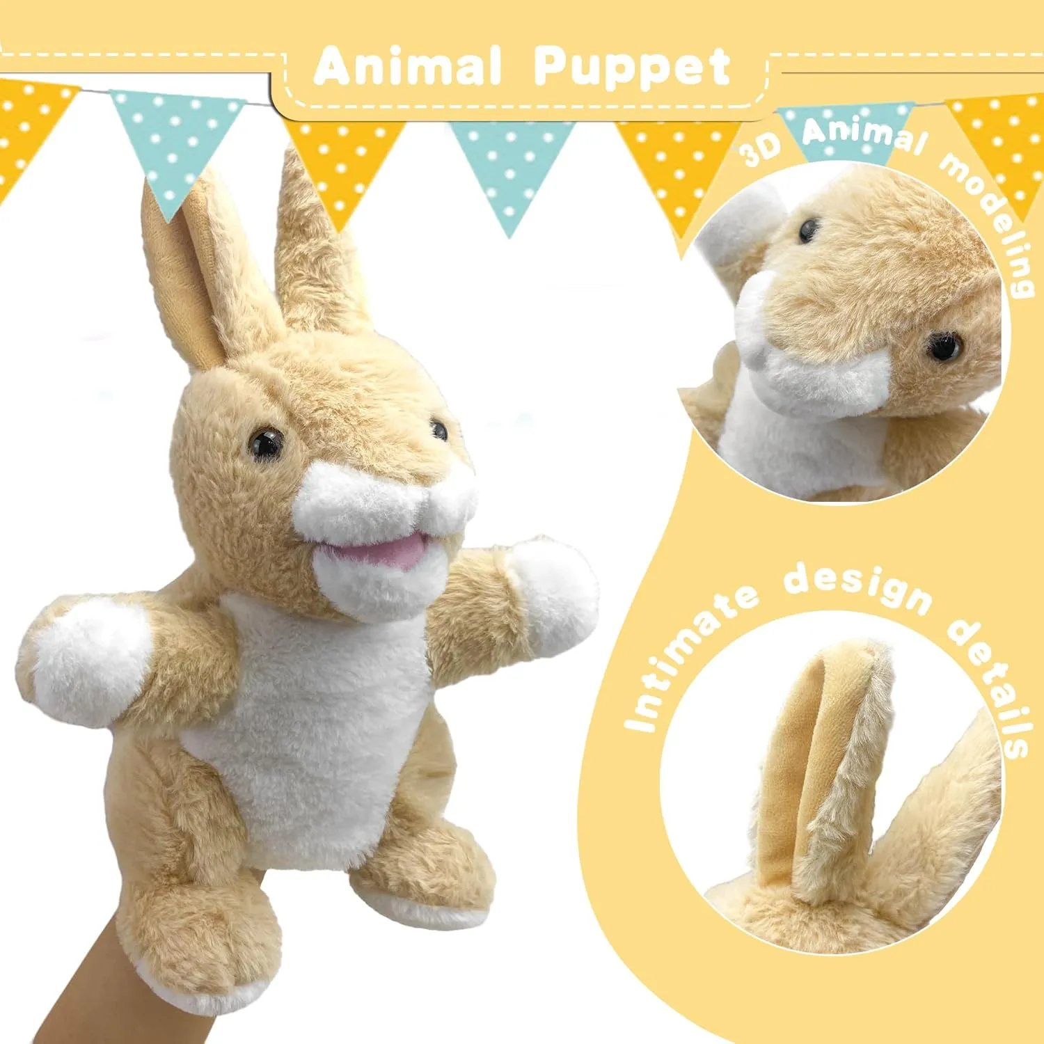 Bunny Hand Puppets Bunny Plush Puppets,9" Realistic Bunny Stuffed Animal Puppets for Kids Bunny Puppet for Adults with Movable Mouth, Bunny Toys Easter Bunny Hand Puppets for Toddlers