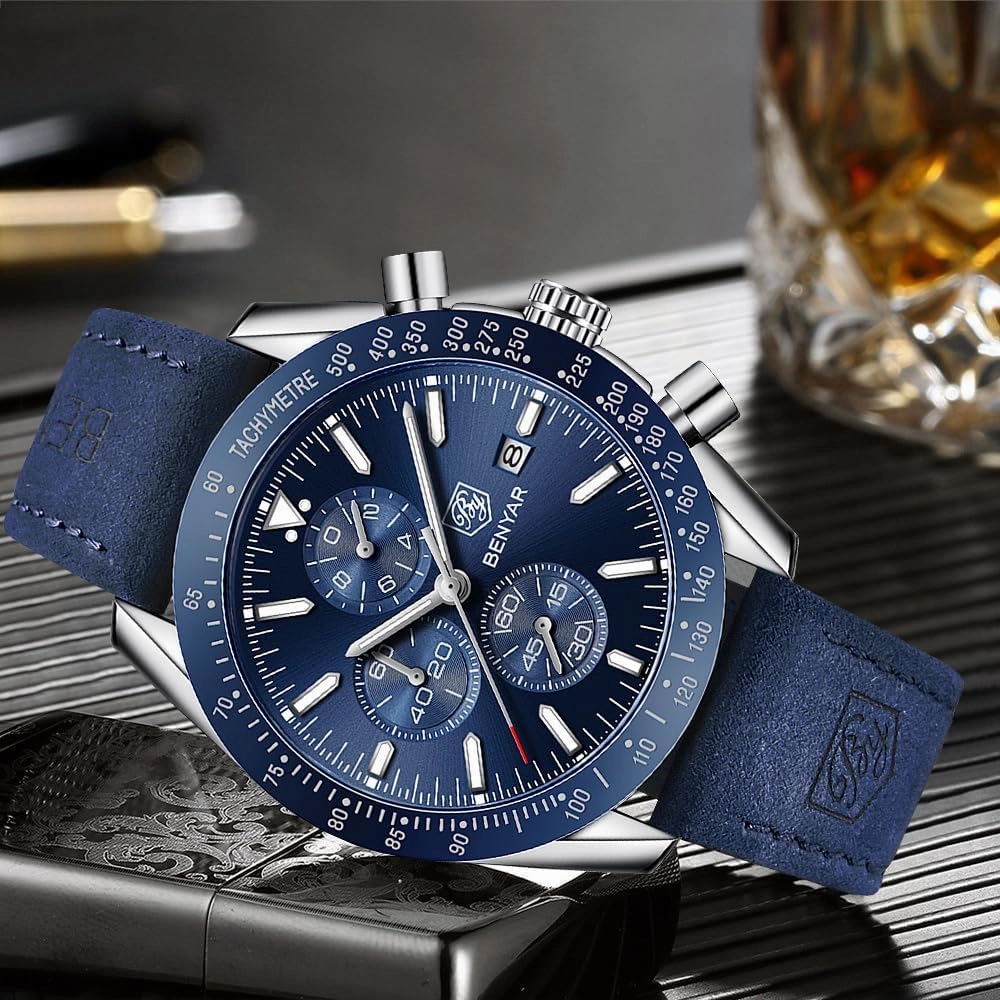 BY BENYAR Mens Watches Analog Quartz Chronograph Waterproof Men's Wrist Watches Business Casual Fashion Classic Designer Elegant Dress Watch with Calendar Leather/Stainless Steel Strap Gifts for Men