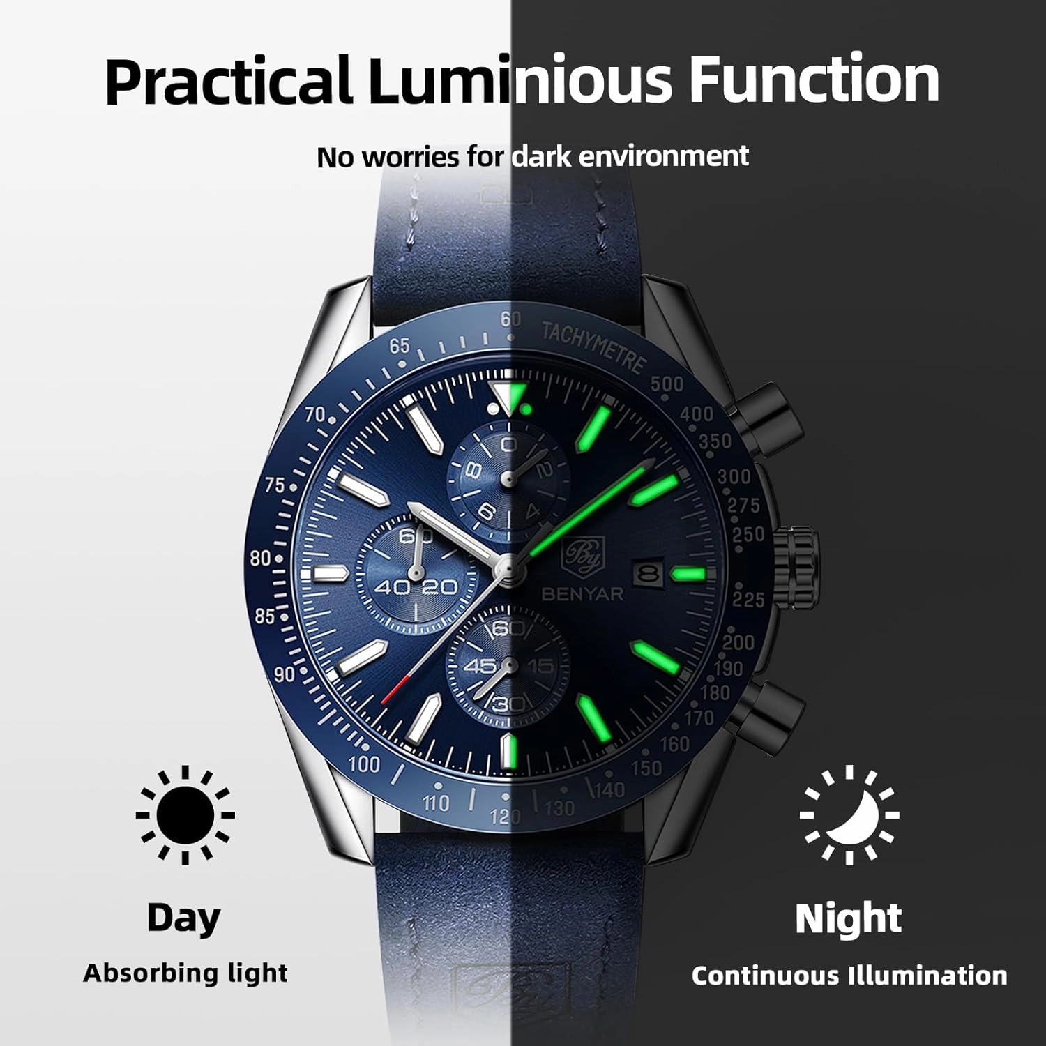 BY BENYAR Mens Watches Analog Quartz Chronograph Waterproof Men's Wrist Watches Business Casual Fashion Classic Designer Elegant Dress Watch with Calendar Leather/Stainless Steel Strap Gifts for Men