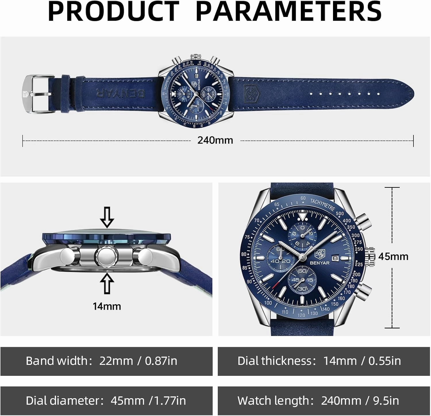 BY BENYAR Mens Watches Analog Quartz Chronograph Waterproof Men's Wrist Watches Business Casual Fashion Classic Designer Elegant Dress Watch with Calendar Leather/Stainless Steel Strap Gifts for Men
