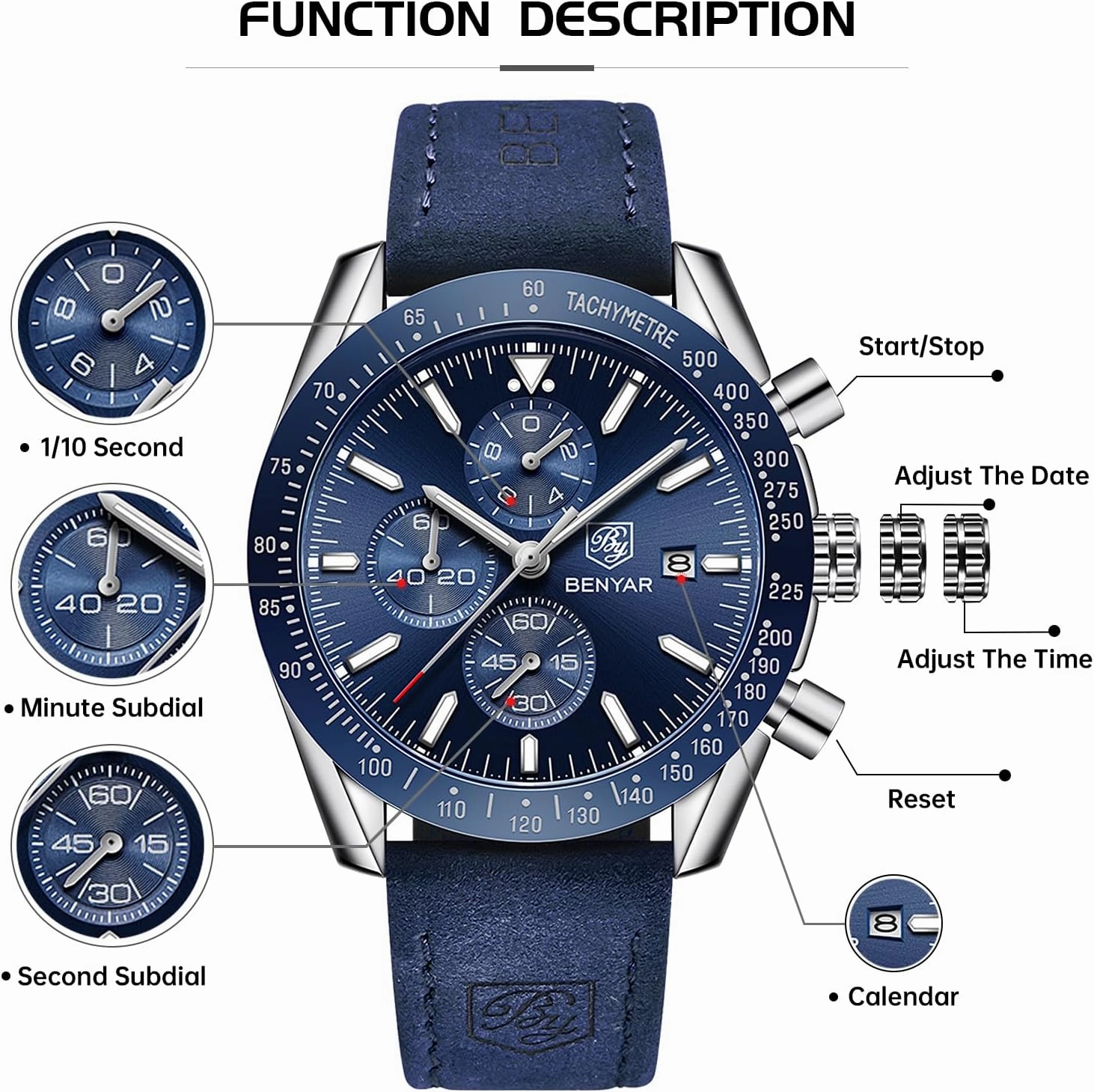 BY BENYAR Mens Watches Analog Quartz Chronograph Waterproof Men's Wrist Watches Business Casual Fashion Classic Designer Elegant Dress Watch with Calendar Leather/Stainless Steel Strap Gifts for Men