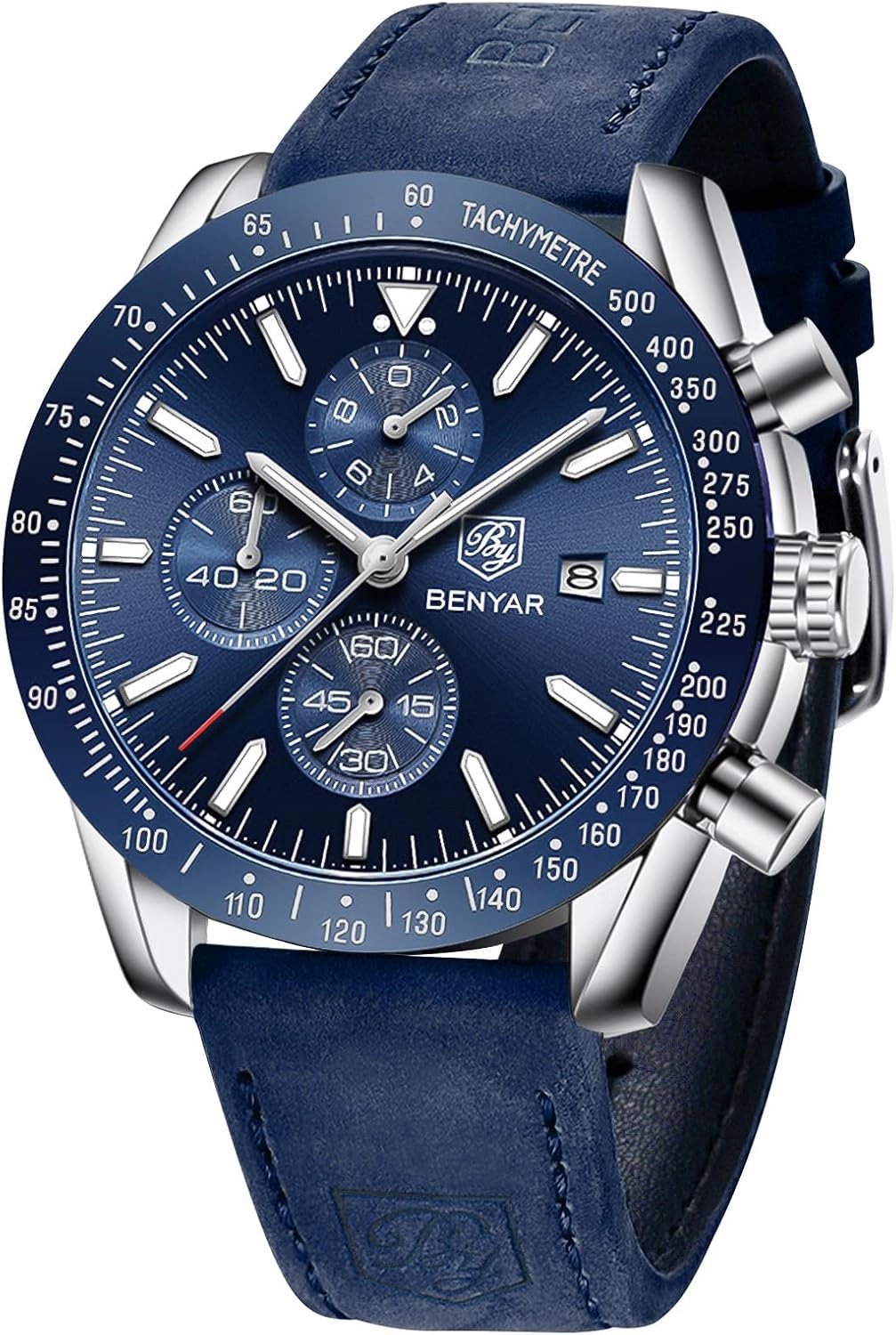 BY BENYAR Mens Watches Analog Quartz Chronograph Waterproof Men's Wrist Watches Business Casual Fashion Classic Designer Elegant Dress Watch with Calendar Leather/Stainless Steel Strap Gifts for Men