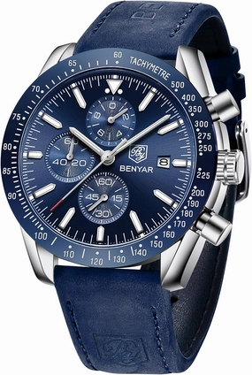BY BENYAR Mens Watches Analog Quartz Chronograph Waterproof Men's Wrist Watches Business Casual Fashion Classic Designer Elegant Dress Watch with Calendar Leather/Stainless Steel Strap Gifts for Men