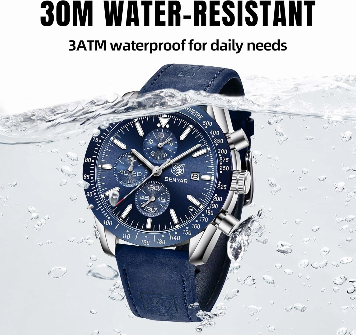 BY BENYAR Mens Watches Analog Quartz Chronograph Waterproof Men's Wrist Watches Business Casual Fashion Classic Designer Elegant Dress Watch with Calendar Leather/Stainless Steel Strap Gifts for Men