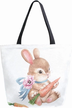 Canvas Tote Bag Cute Easter Bunny Woman Beach Bag Spring Carrot Shoulder Bag School