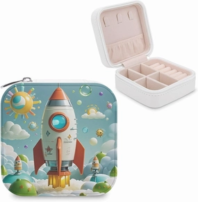 Cartoon Rockets Jewelry Box Travel Jewelry Organizer Multi-functional Mini Travel Case Holder for Women Stud Earrings Rings Necklaces Pendant Bracelets Storage